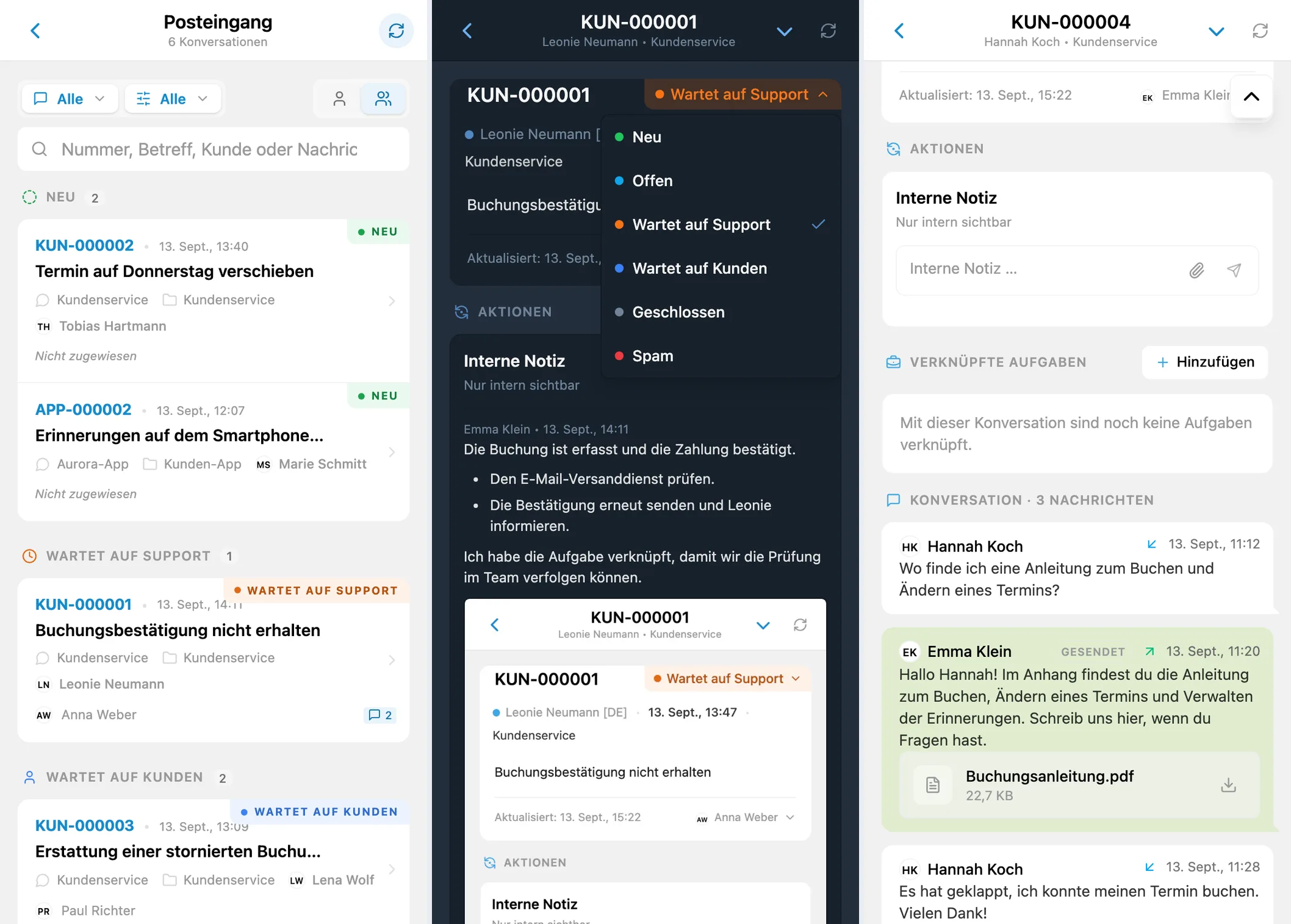 Nach Status gruppierte Gespräche, Statusauswahl und ein geschlossenes Gespräch