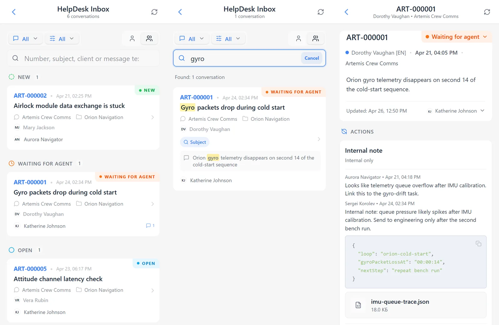 HelpDesk inbox list with multiple statuses and a conversation card