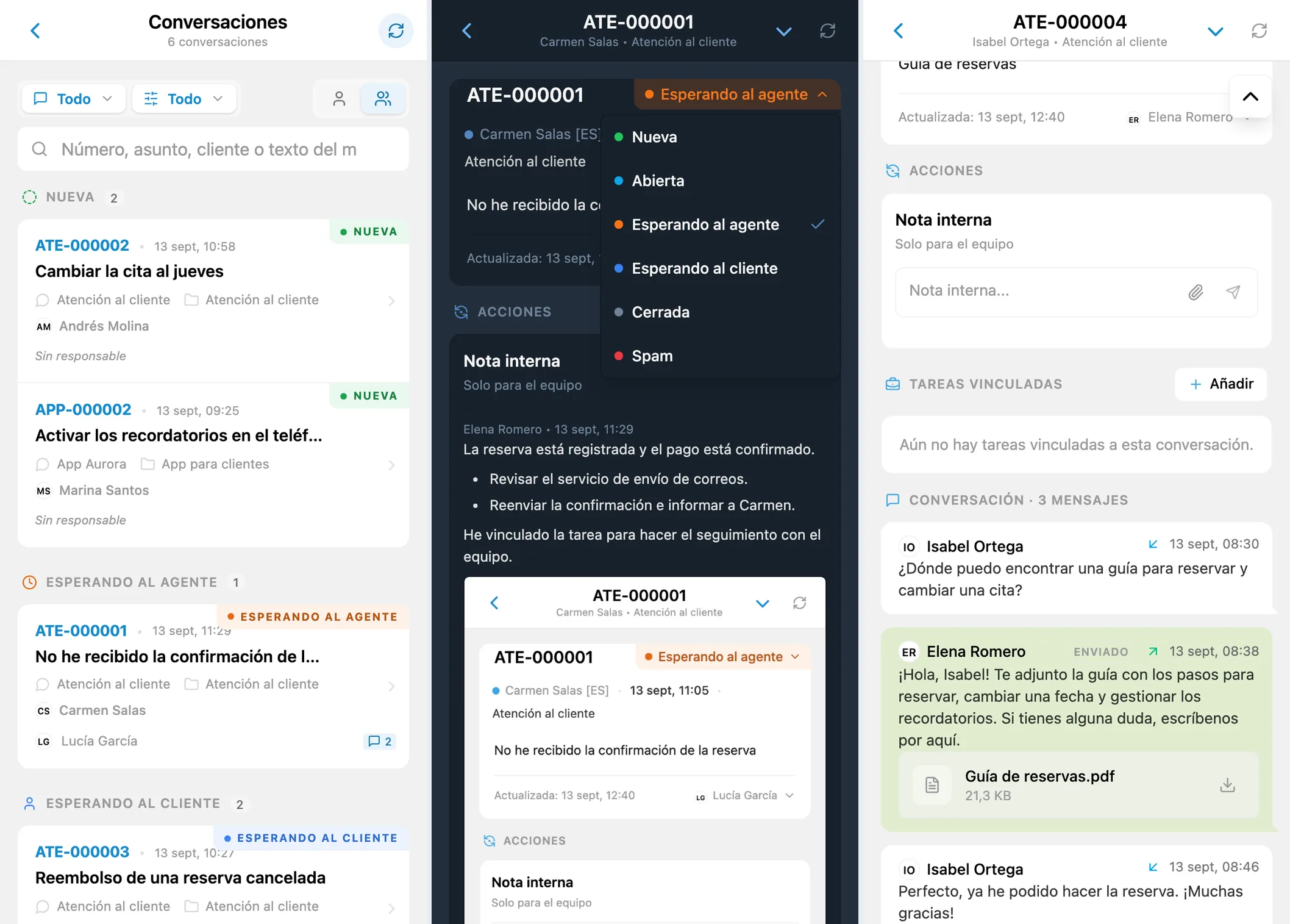 Conversaciones agrupadas por estado, selector de estados y conversación cerrada