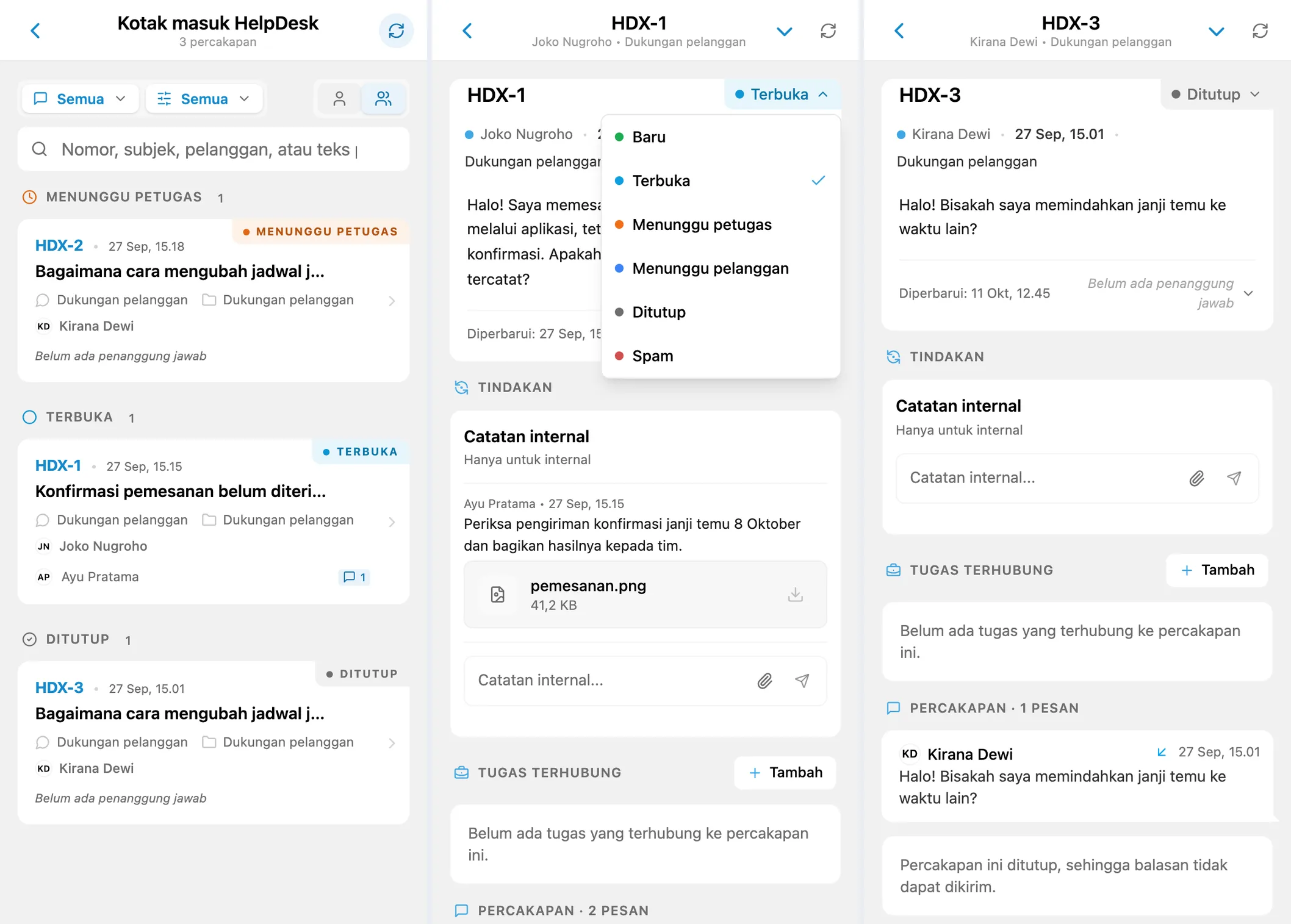 Permintaan menurut status, pemilih status, dan permintaan yang ditutup