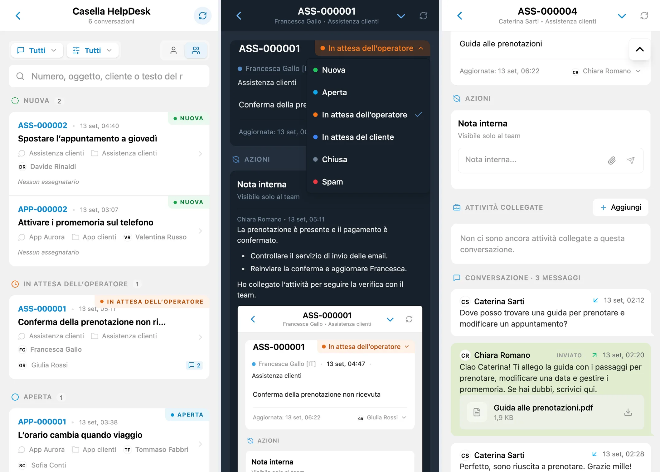 Conversazioni raggruppate per stato, selezione dello stato e conversazione chiusa