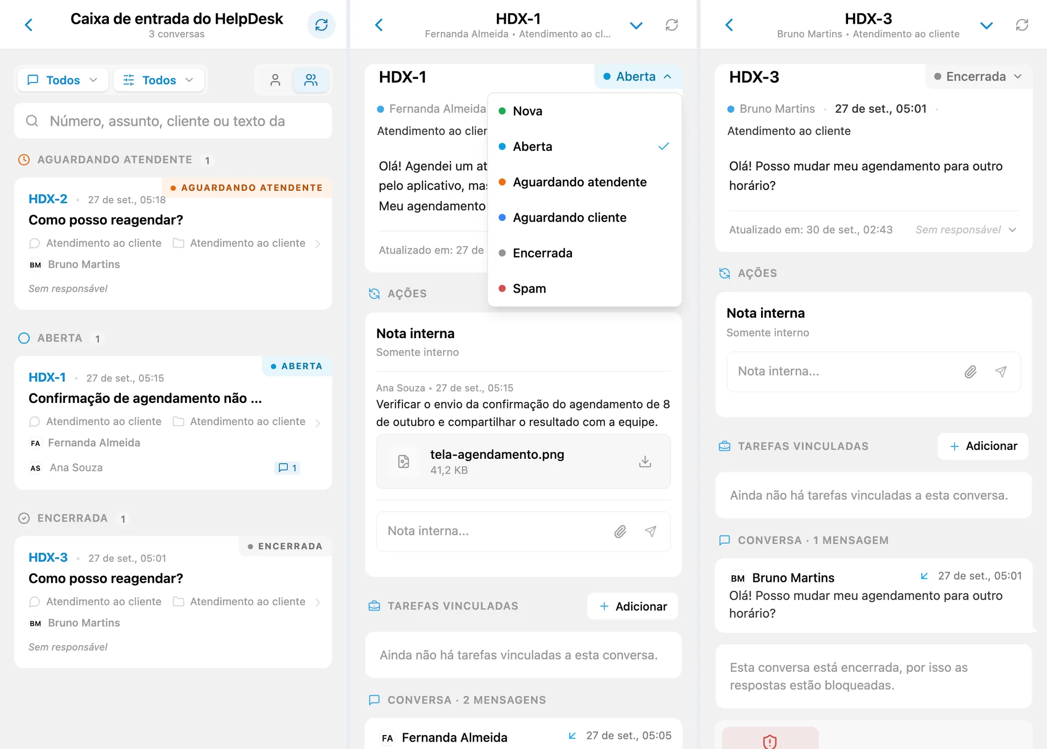 Conversas agrupadas por status, seletor de status e conversa fechada