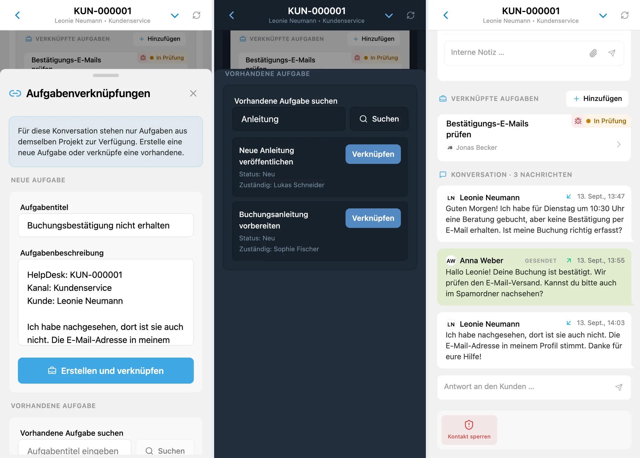 Aufgabenerstellung, Suchergebnisse mit Statusbezeichnungen und eine verknüpfte Aufgabe
