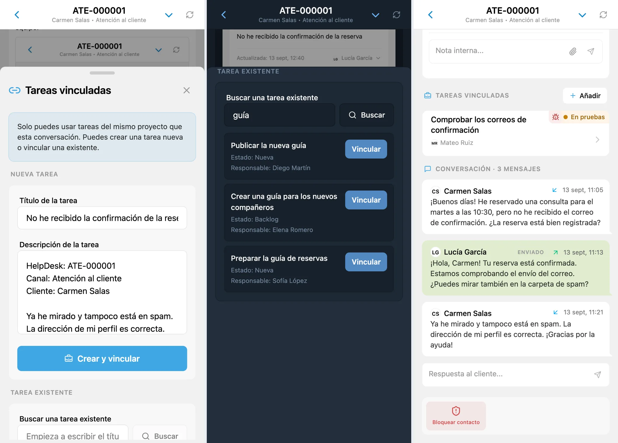 Creación de tarea, resultados de búsqueda con nombres de estado y tarea vinculada