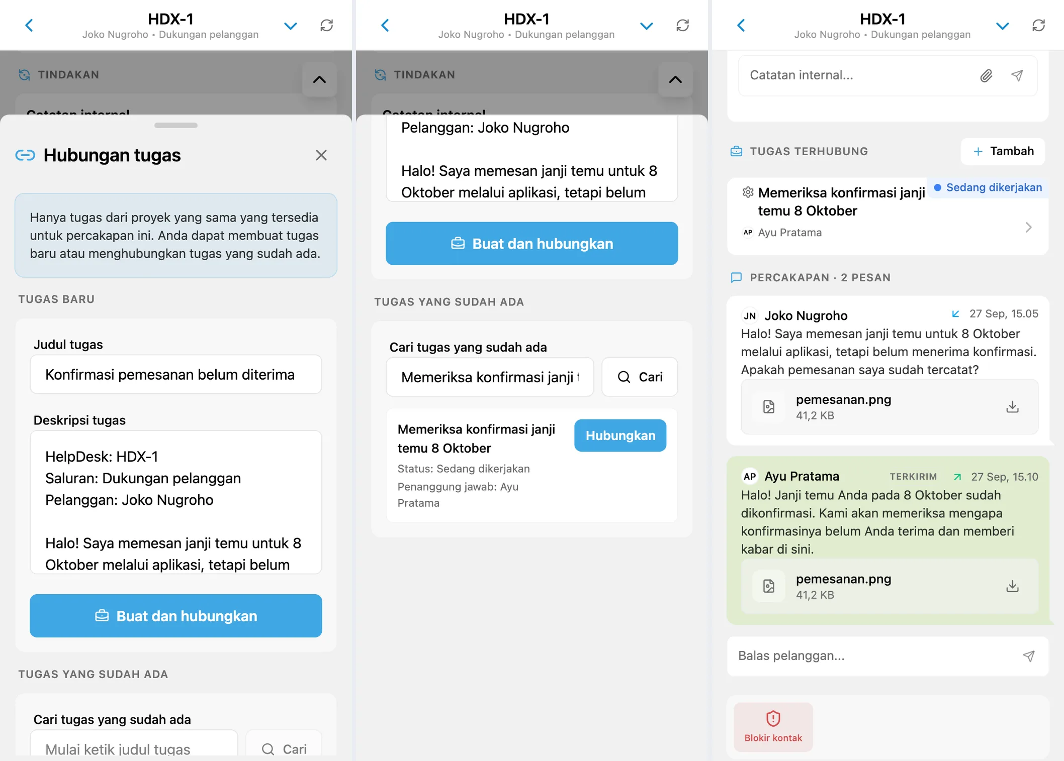 Pembuatan tugas, hasil pencarian dengan status, dan tugas yang terhubung