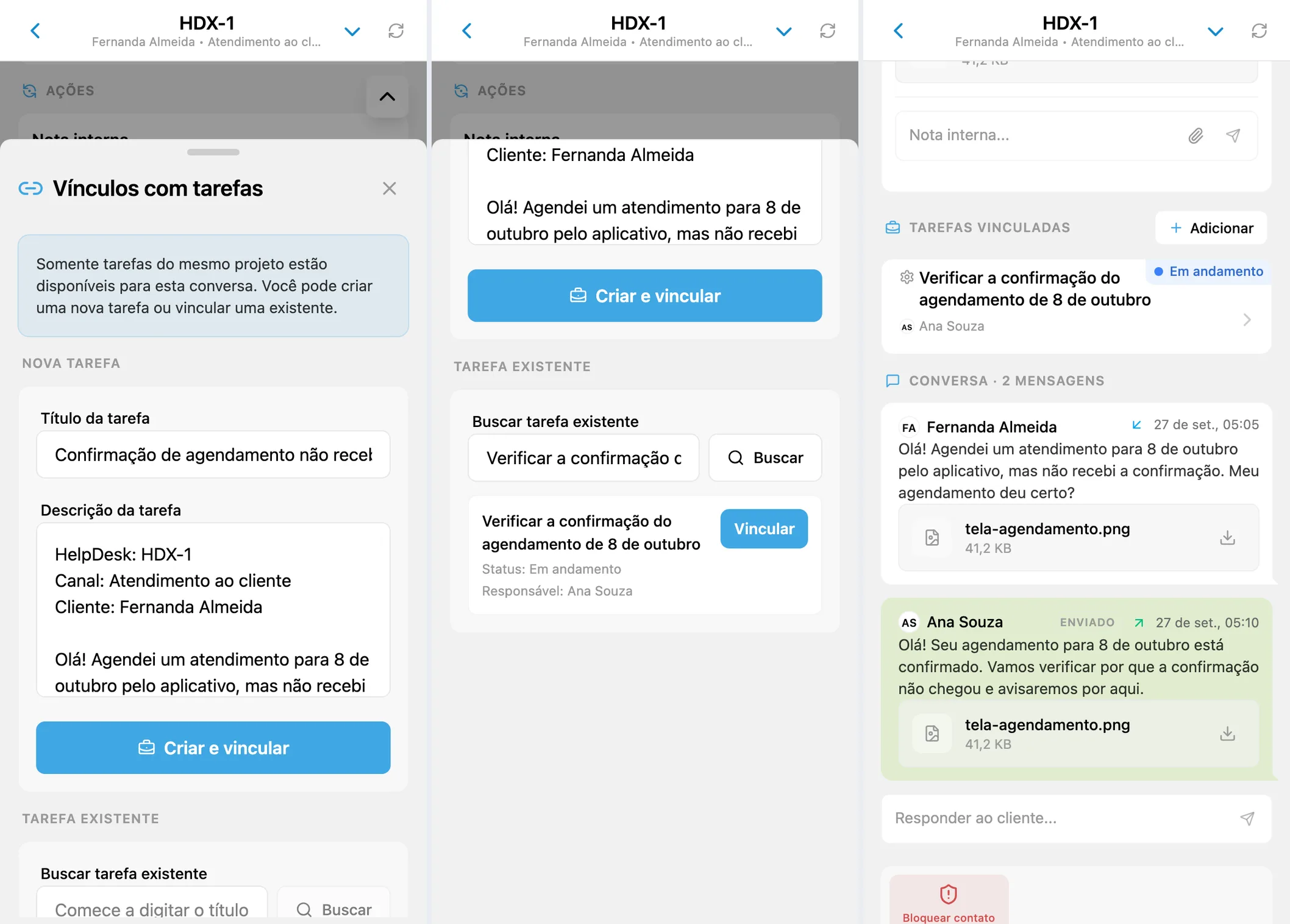 Criação de tarefa, resultados de busca com status e tarefa vinculada