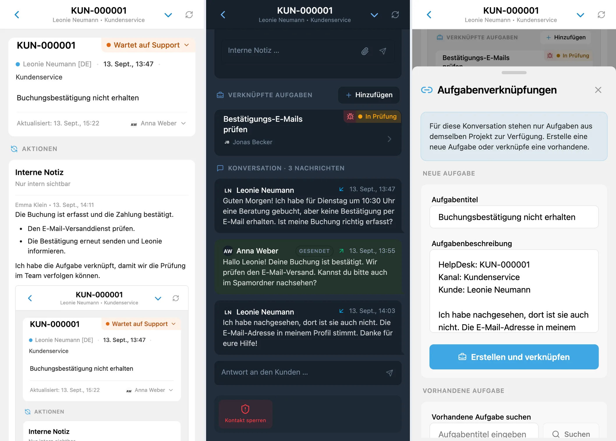 HelpDesk-Gespräch, verknüpfte Aufgabe und Formular für eine neue Aufgabe