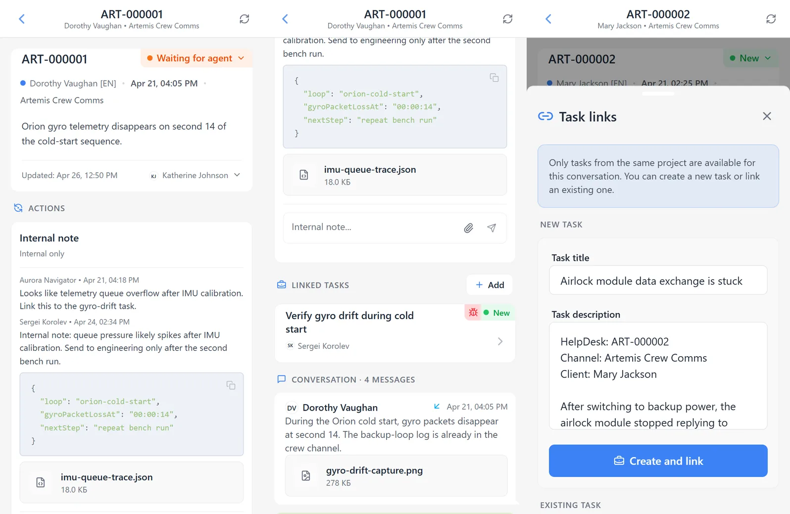 HelpDesk conversation card with task linking and the scenario drawer