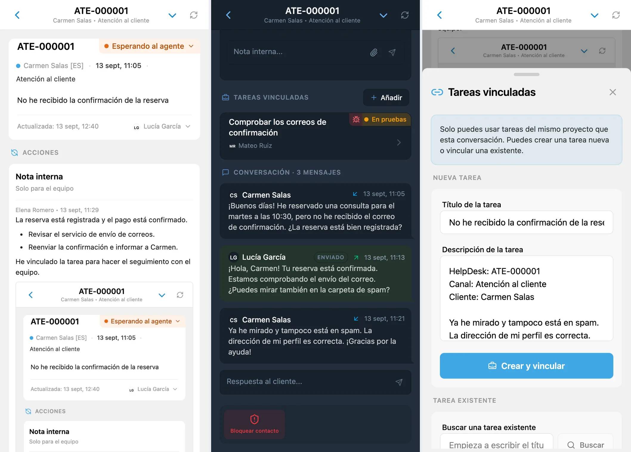 Conversación de HelpDesk, tarea vinculada y formulario de nueva tarea