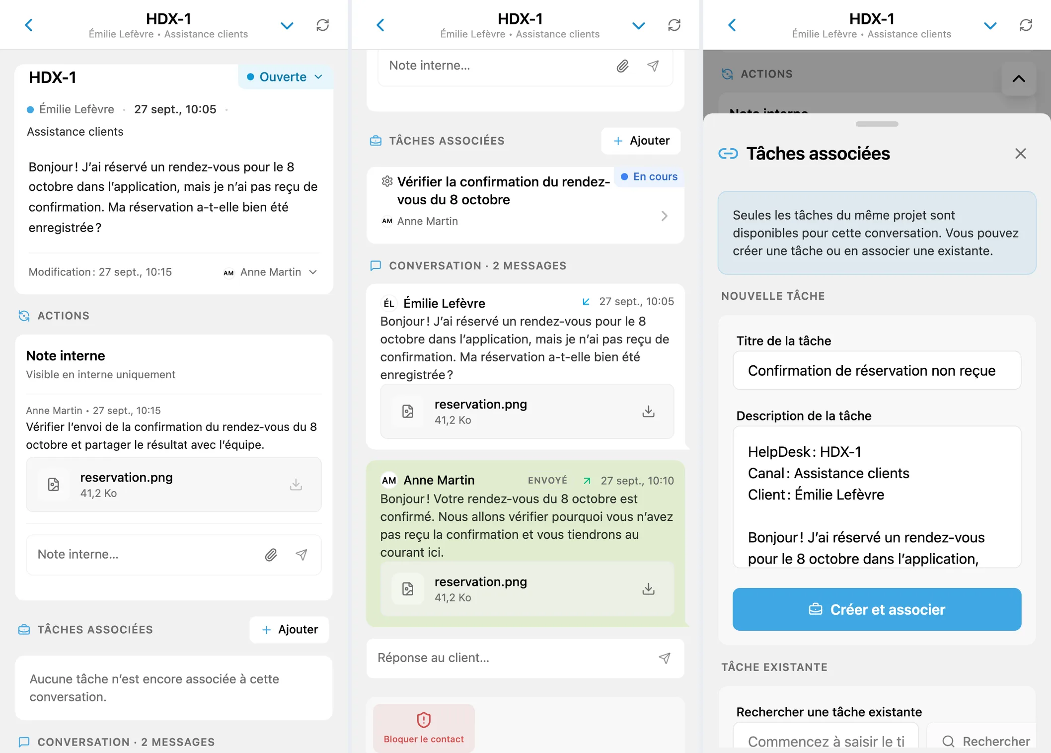 Conversation HelpDesk, tâche liée et formulaire d’une nouvelle tâche