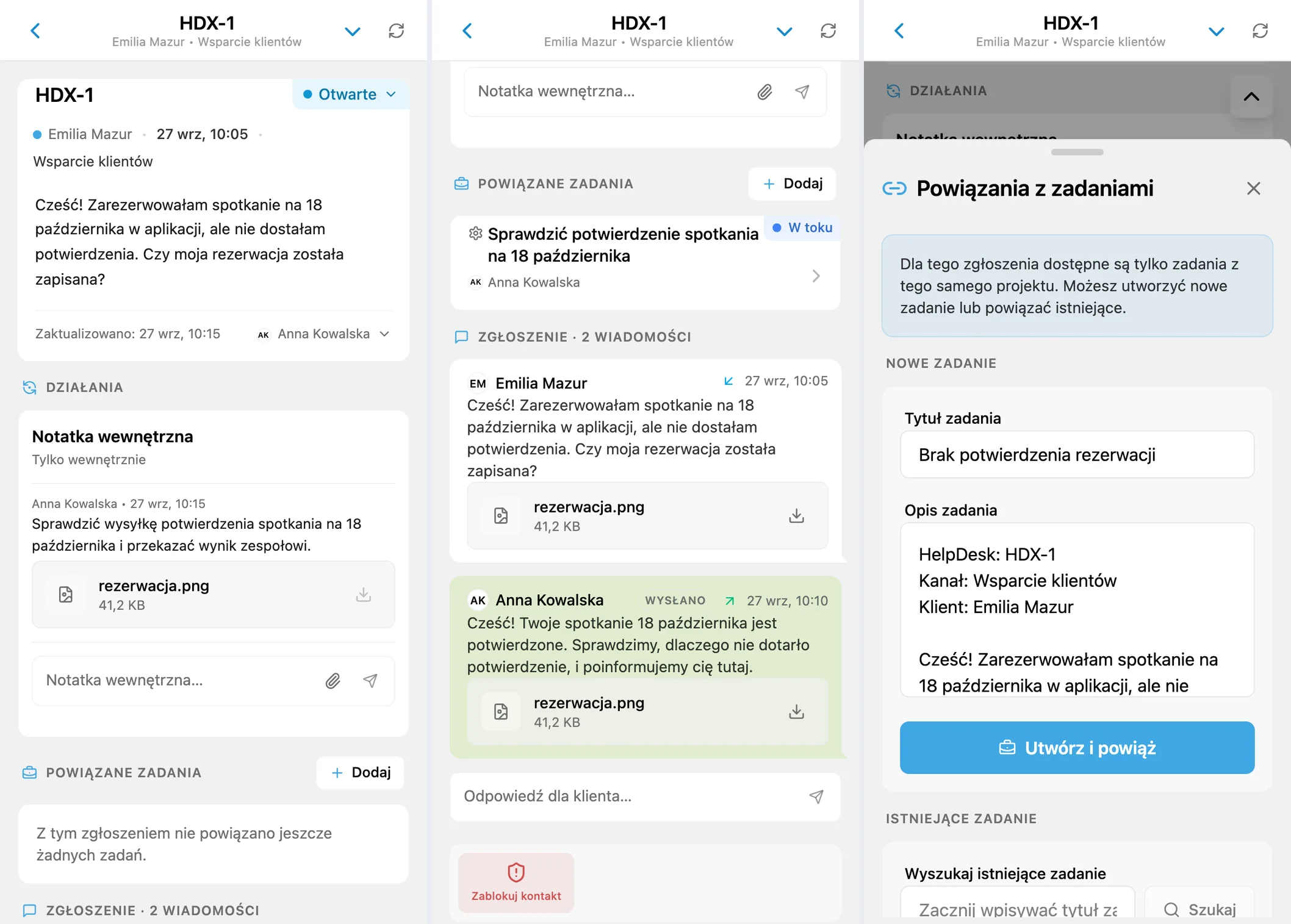 Rozmowa HelpDesk, powiązane zadanie i formularz nowego zadania