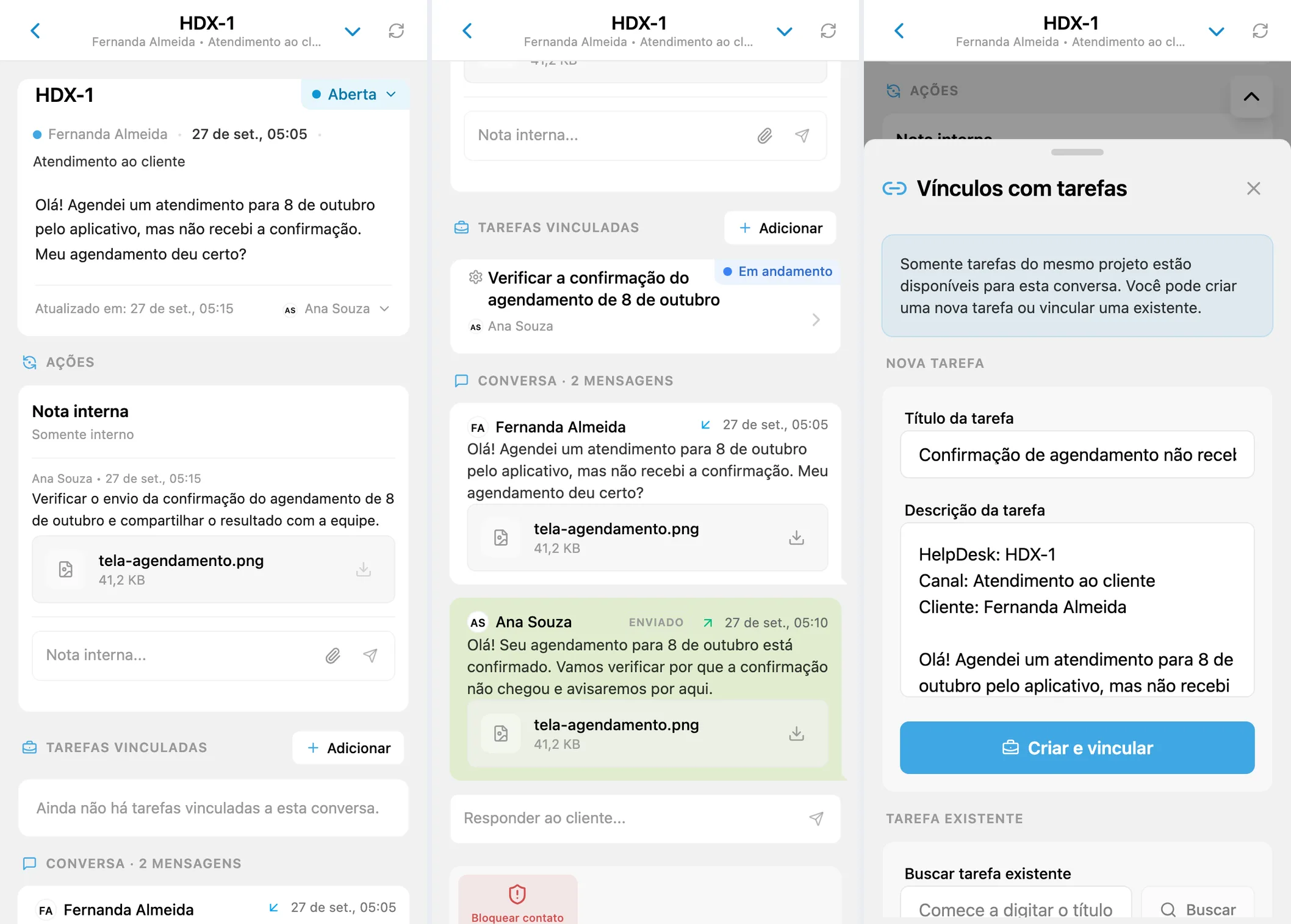 Conversa do HelpDesk, tarefa vinculada e formulário de nova tarefa