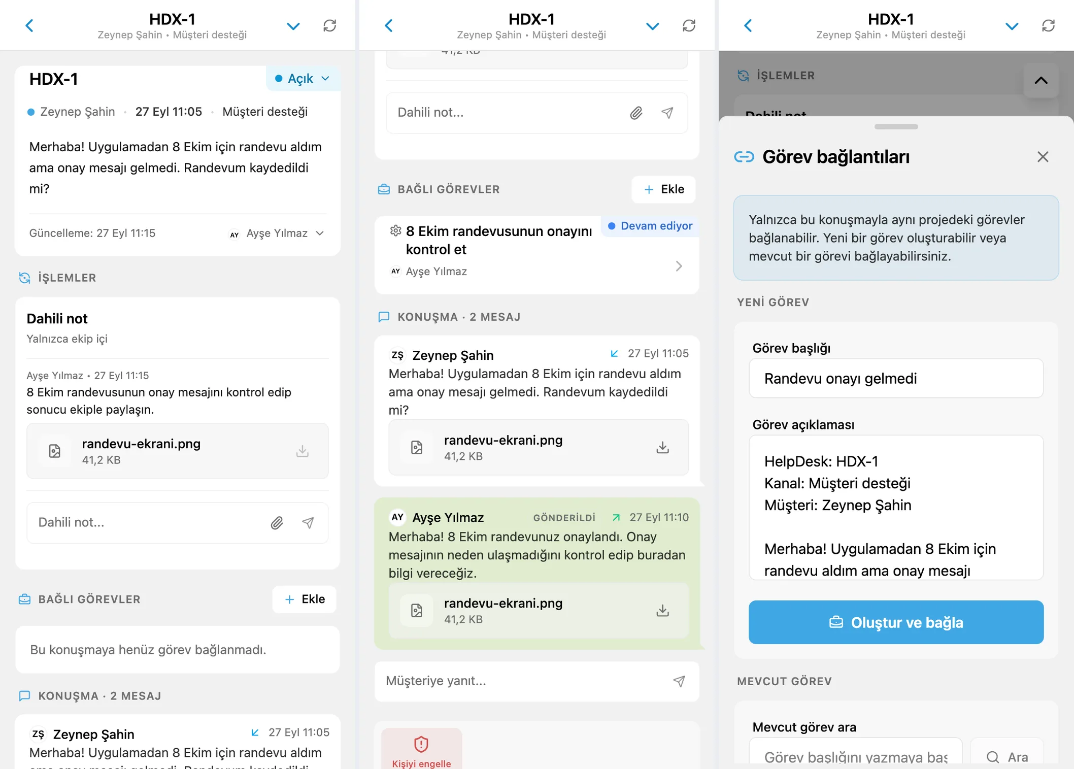 HelpDesk konuşması, bağlı görev ve yeni görev formu