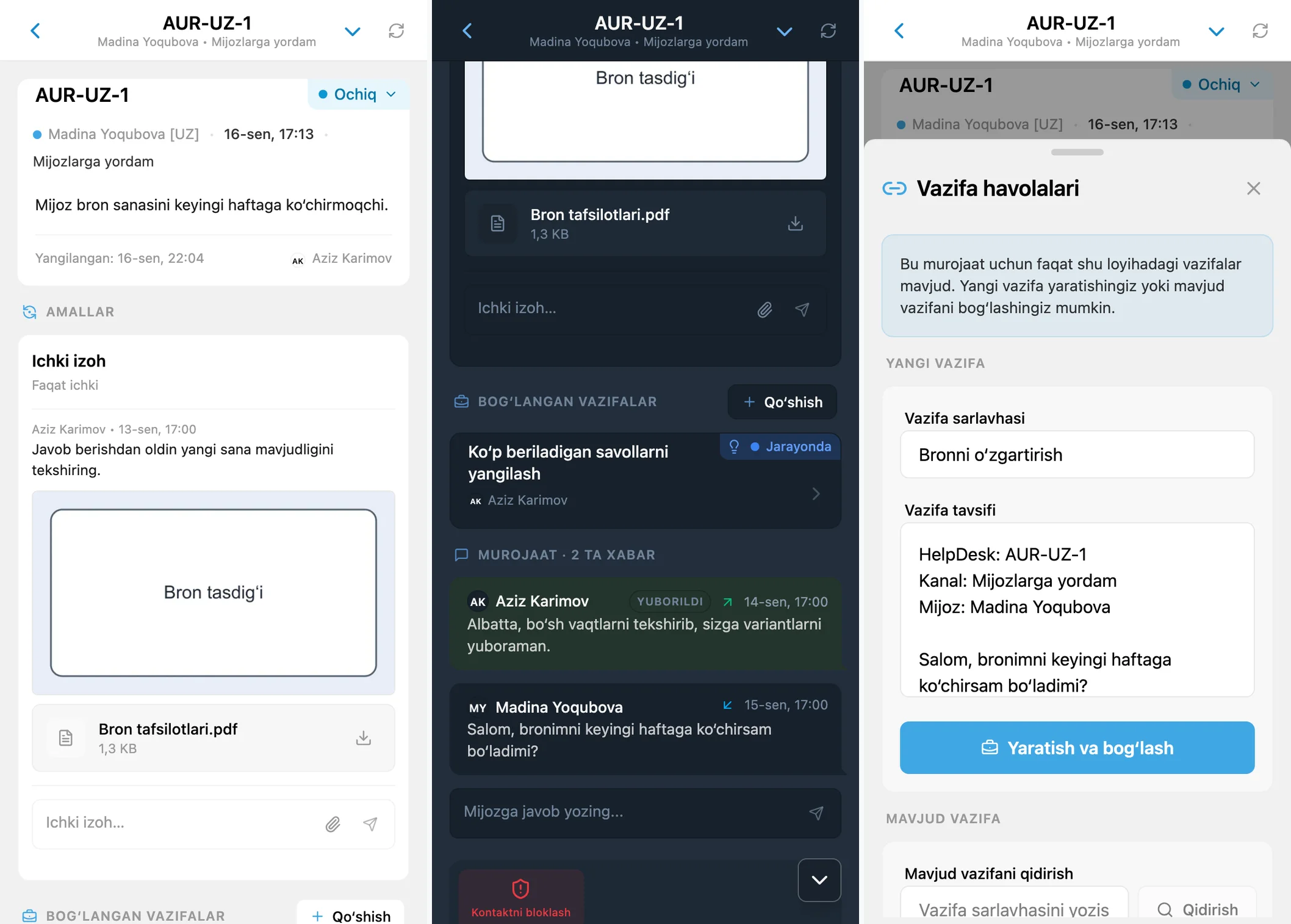 HelpDesk murojaati, bog‘langan vazifa va yangi vazifa shakli