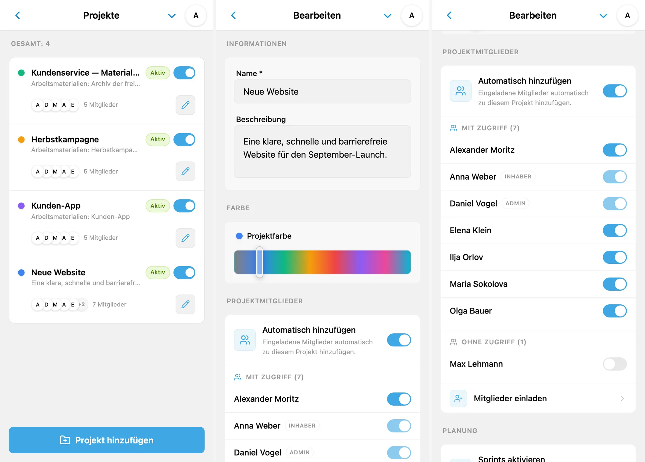 Projekte, Projekteinstellungen und Mitgliederzugriff in iTasks