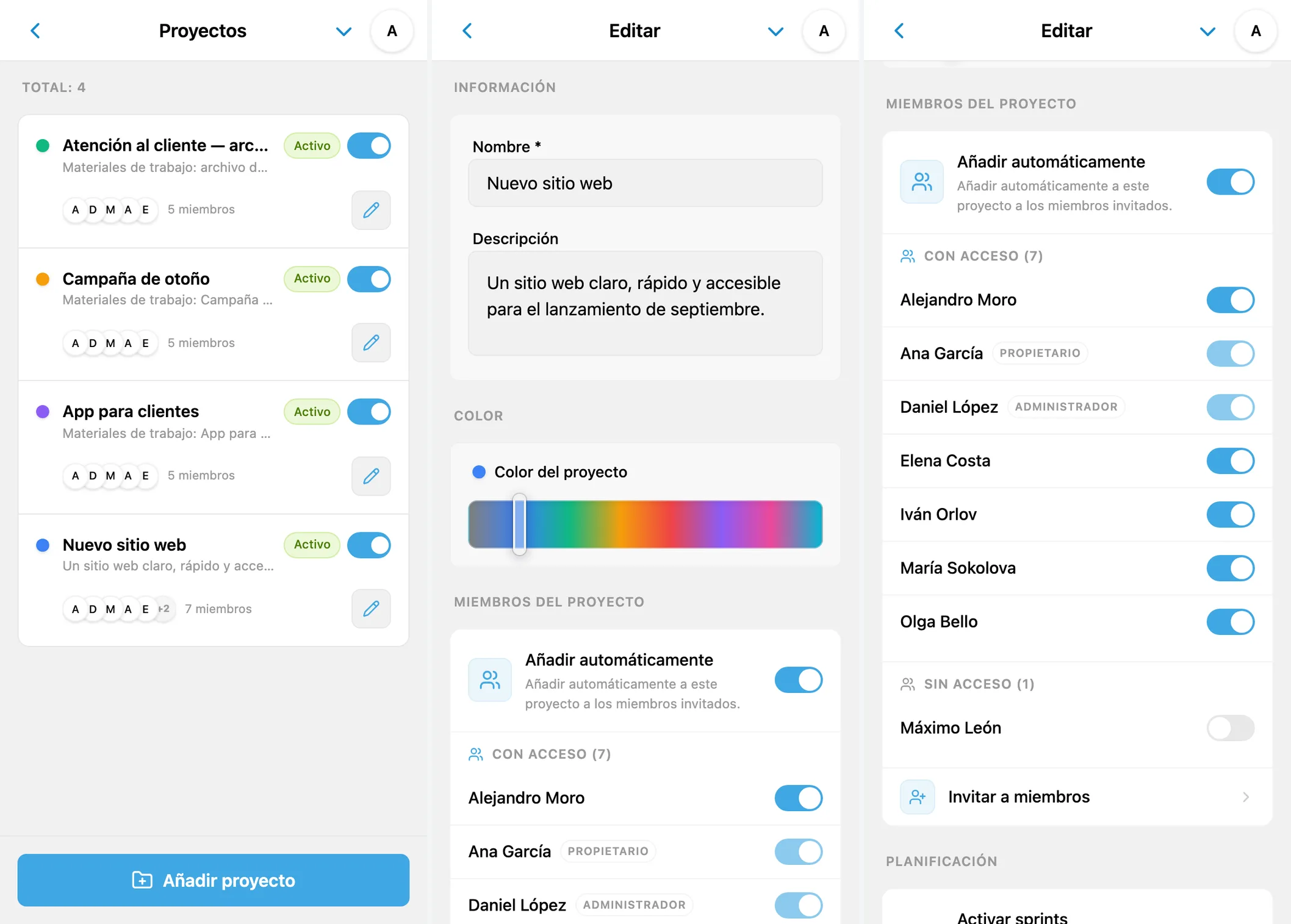 Proyectos de iTasks, ajustes del proyecto y acceso de los miembros