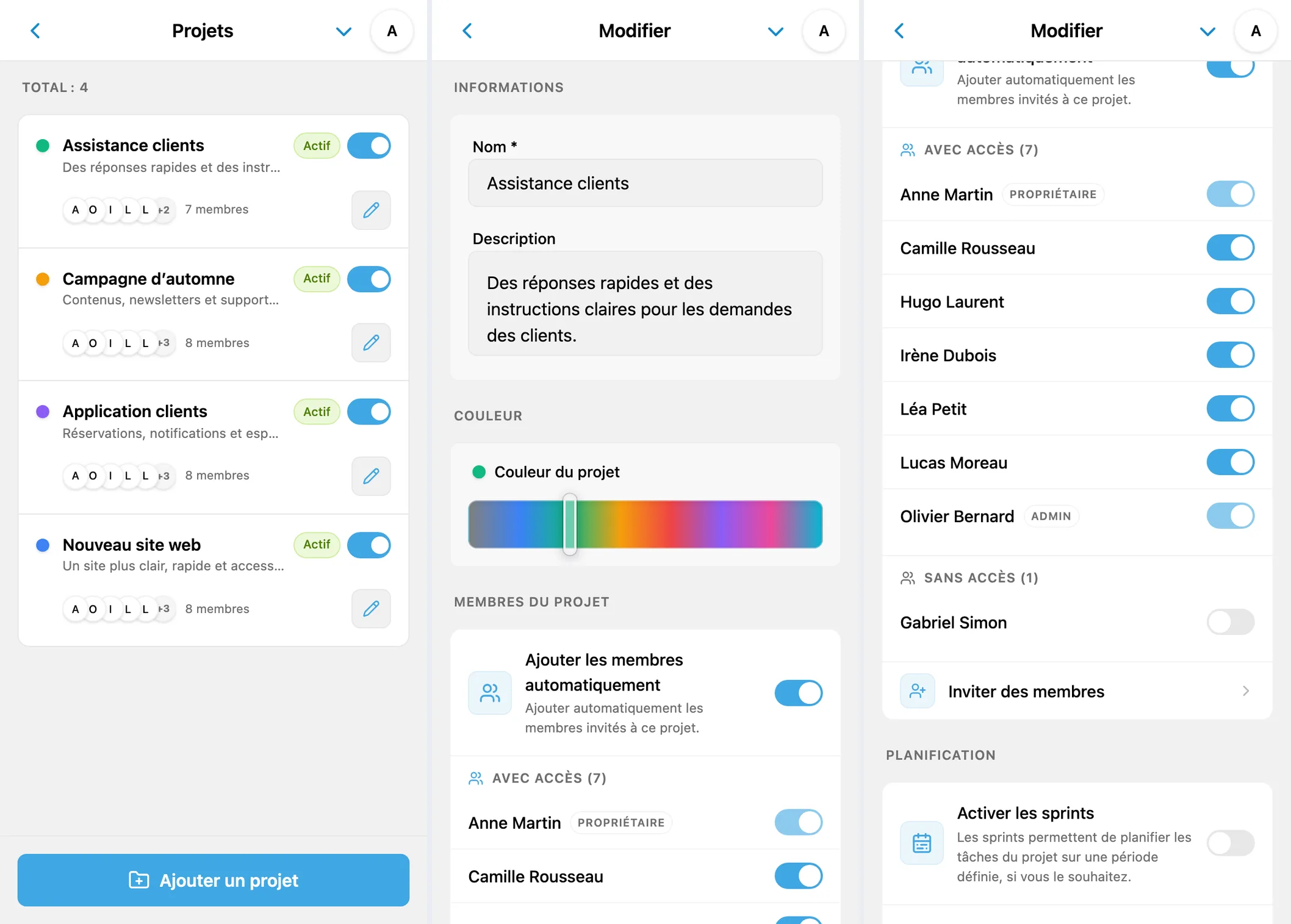 Liste des projets iTasks, paramètres du projet et accès des membres