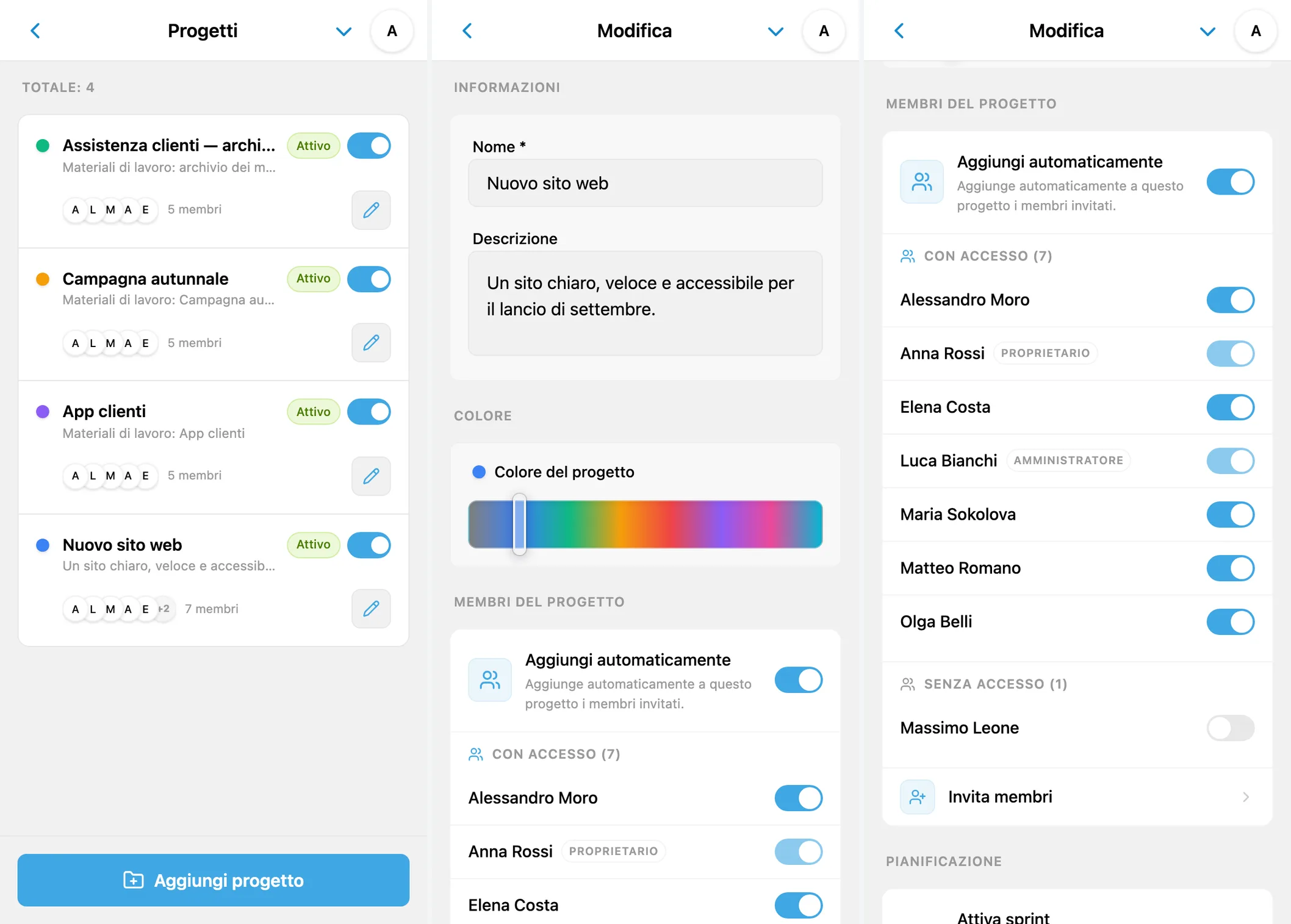 Configurazione dell’accesso dei membri a un progetto dall’elenco dei progetti di iTasks