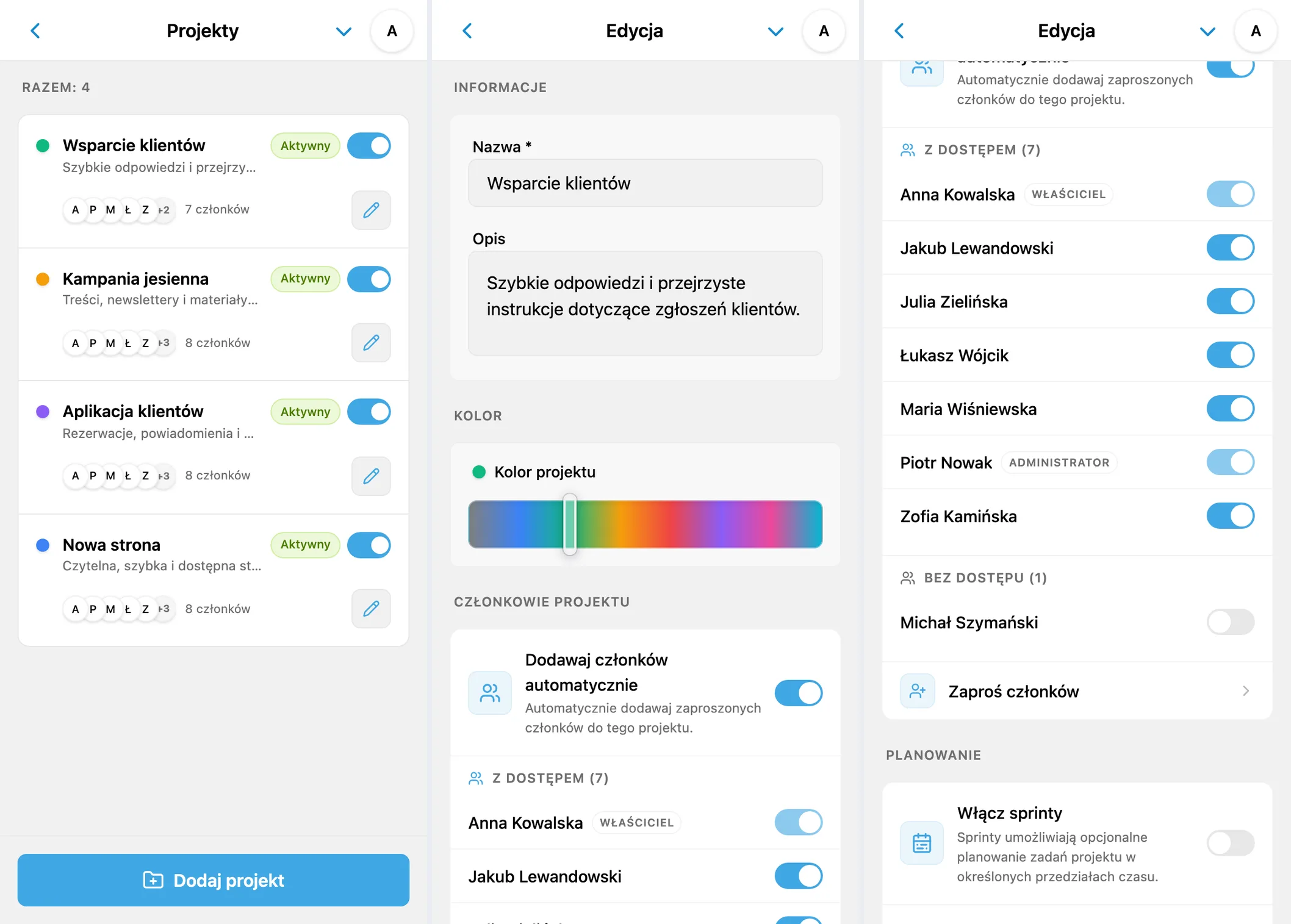 Lista projektów iTasks, ustawienia projektu i dostęp członków