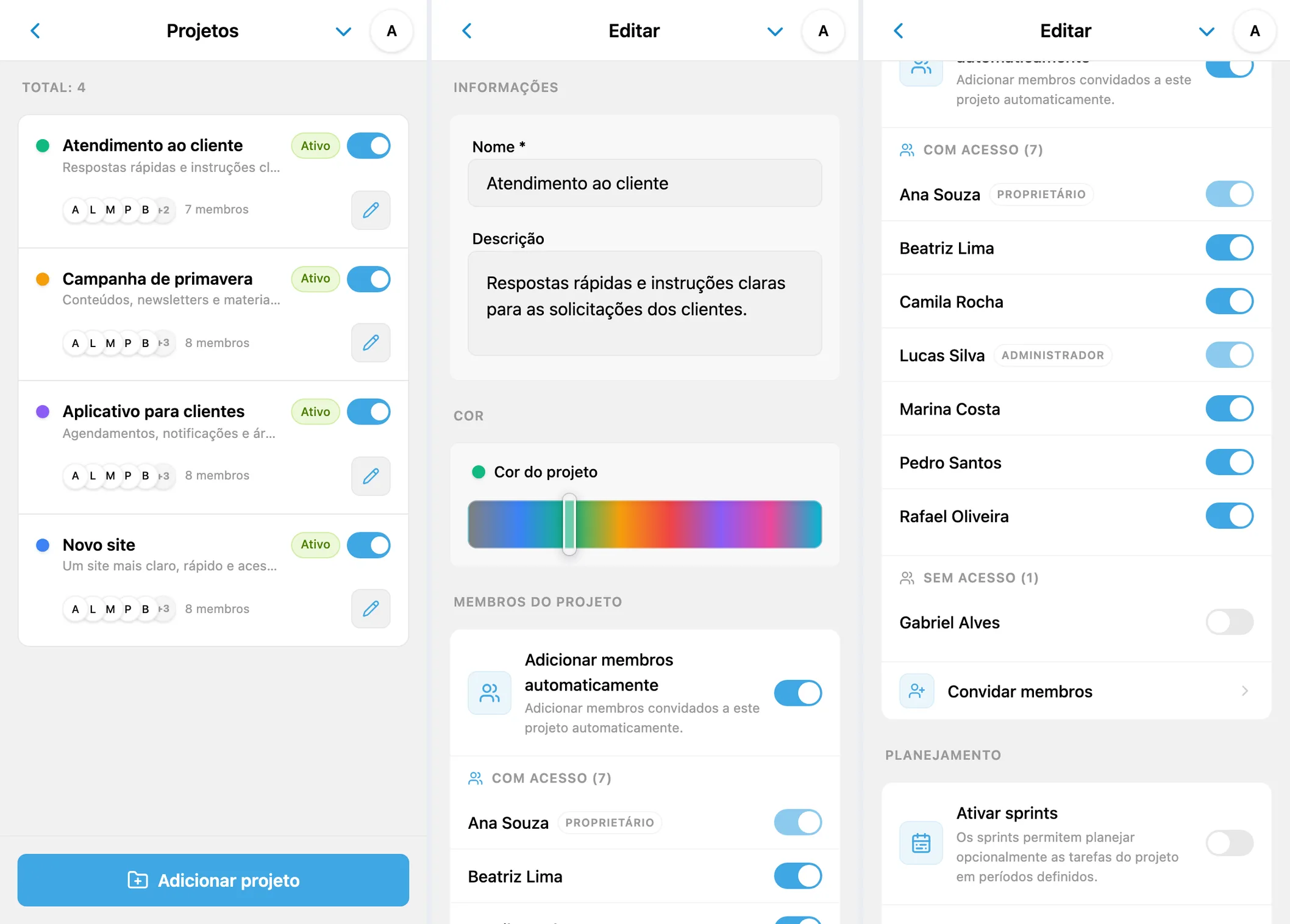 Projetos do iTasks, configurações do projeto e permissões de membros
