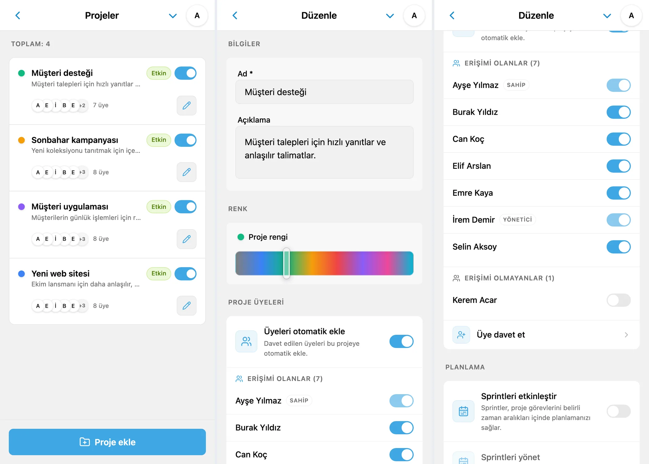 iTasks projeleri, proje ayarları ve üye erişimi