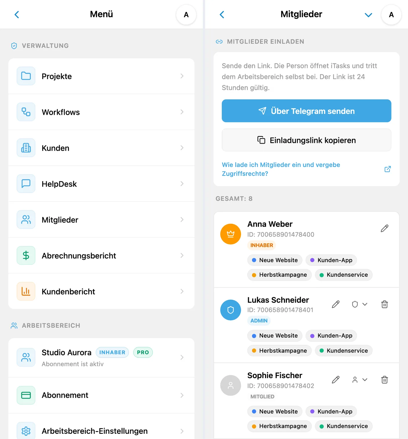 Mitglieder über das Verwaltungsmenü öffnen und das Team in iTasks einladen