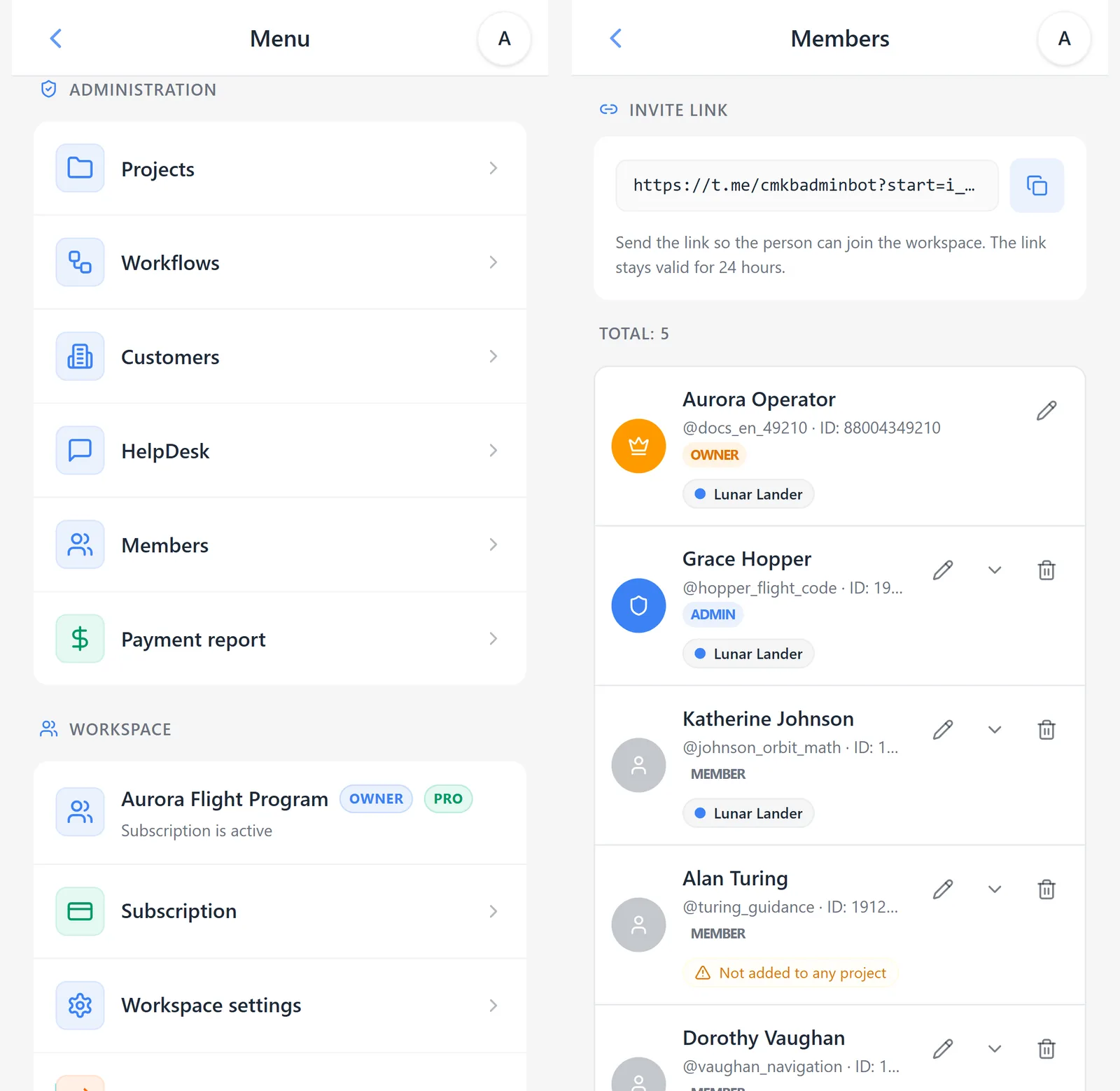 Opening workspace members from administration and using an iTasks invite link