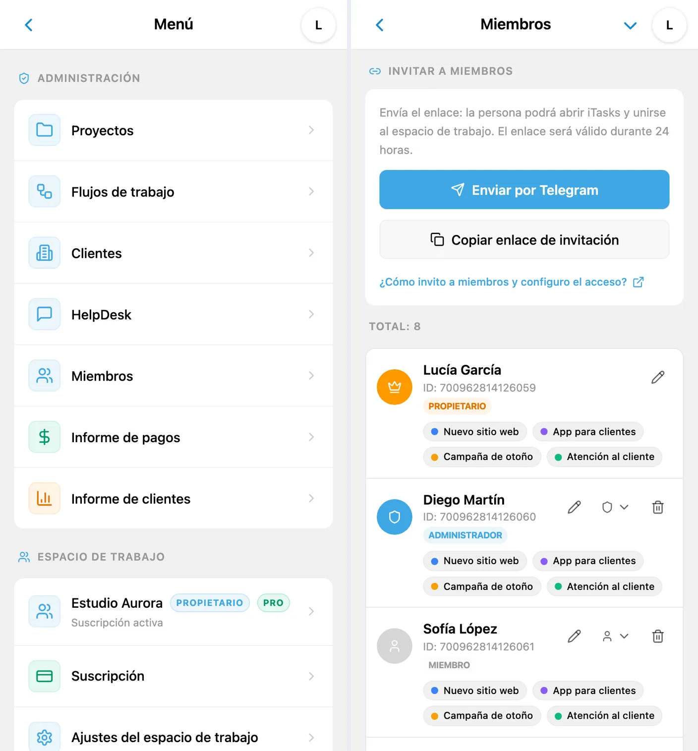 Acceso a Miembros desde el menú de administración e invitación al equipo en iTasks
