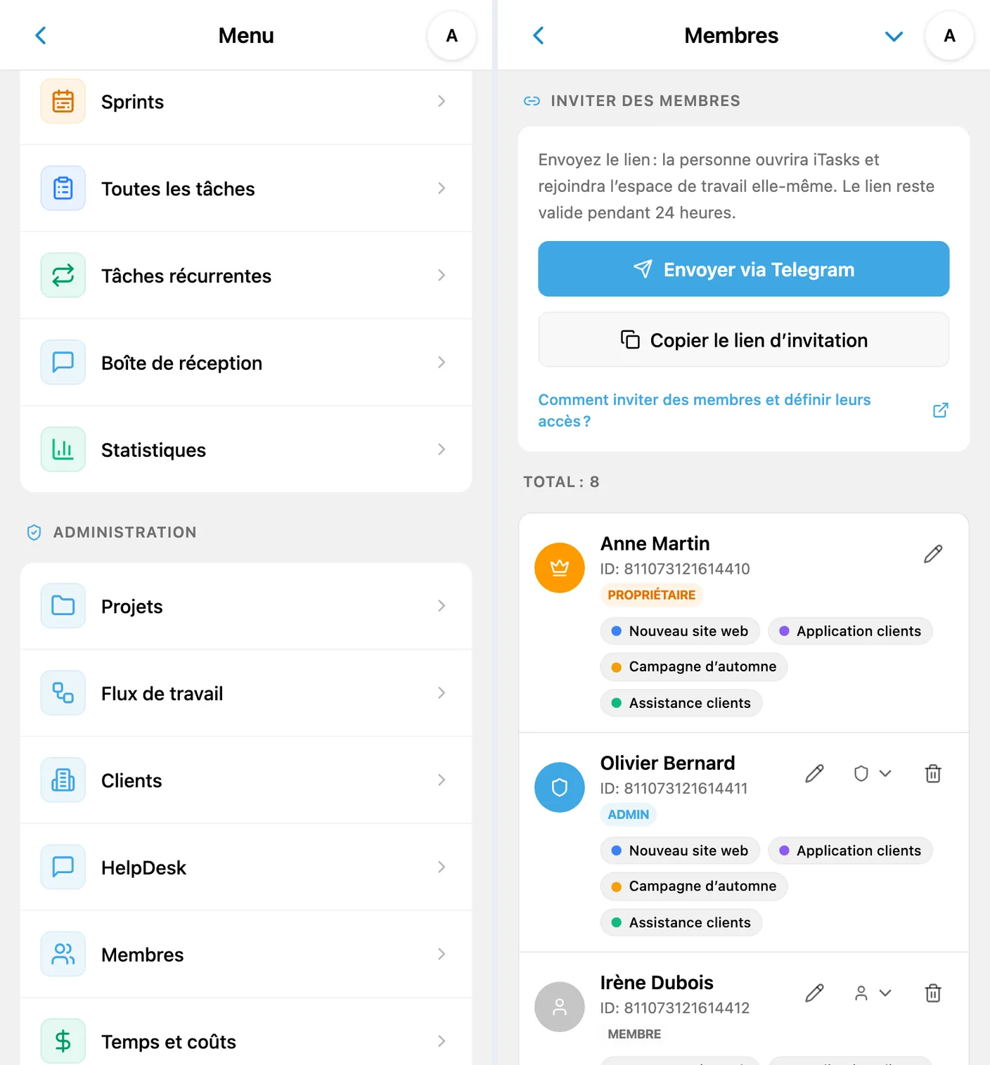 Accès à Membres depuis l’administration et invitation de l’équipe dans iTasks