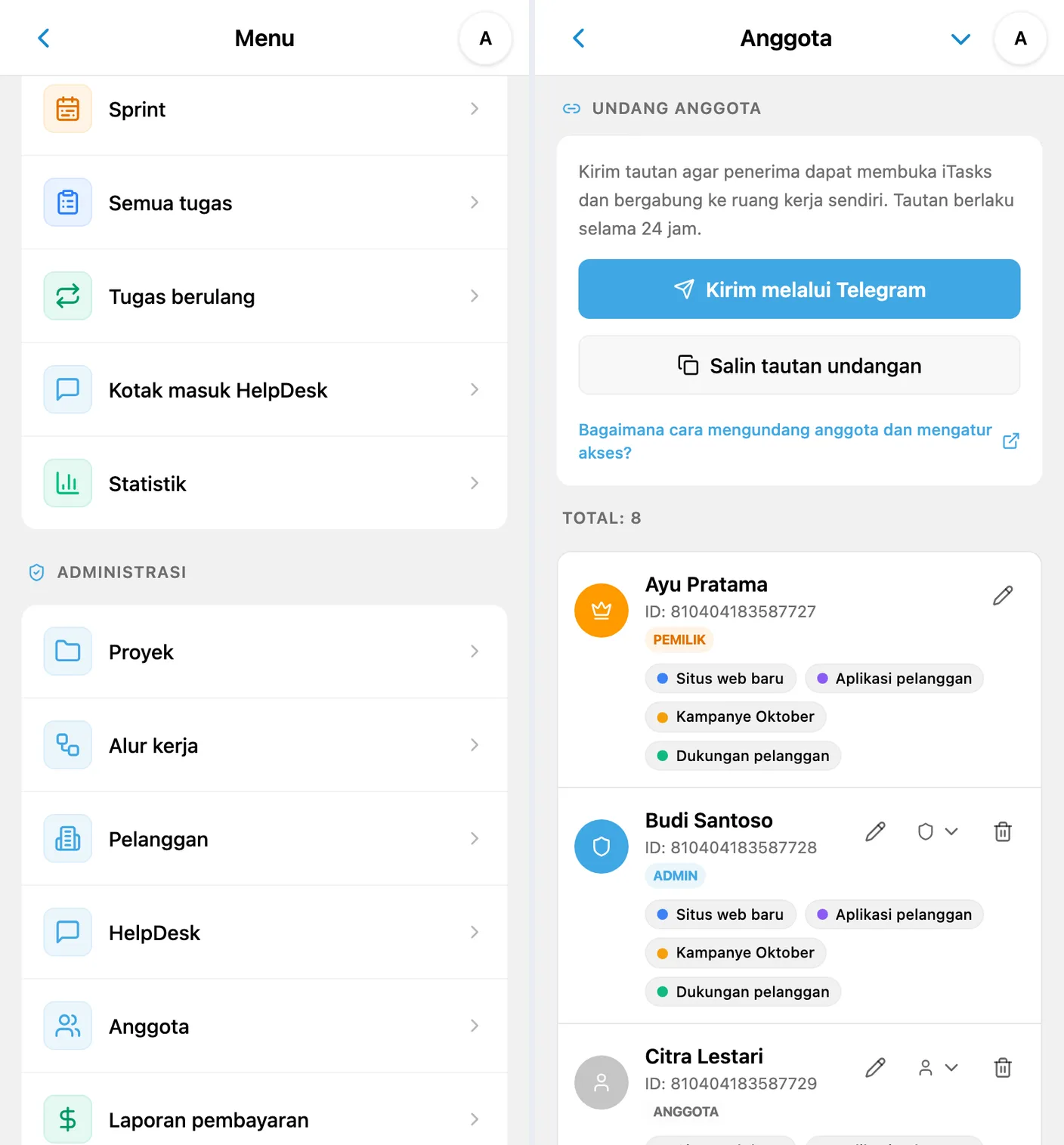 Membuka Anggota dari administrasi dan mengundang tim di iTasks