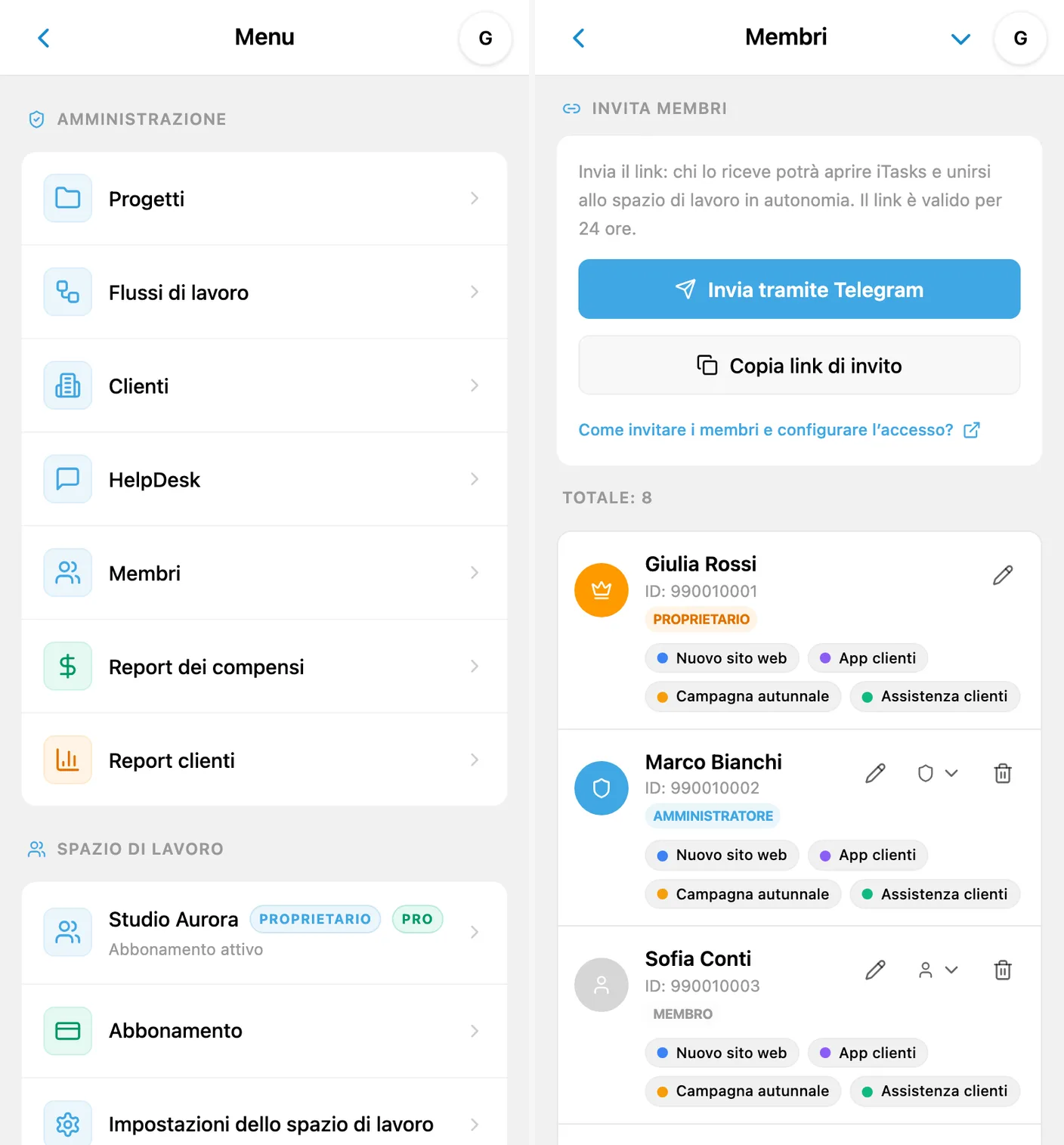 Accesso all’elenco dei membri dall’amministrazione e invito di nuovi membri in iTasks