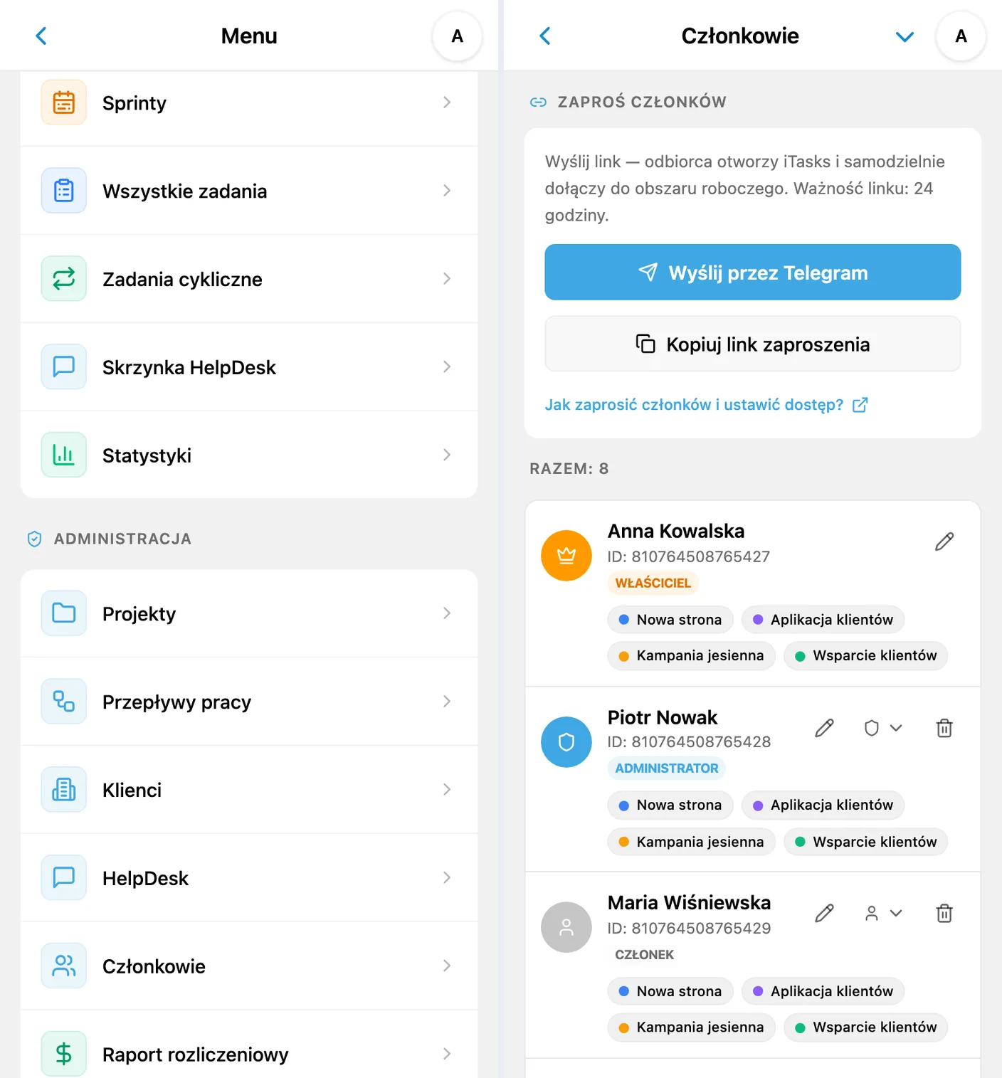 Przejście z administracji do członków i zapraszanie zespołu w iTasks