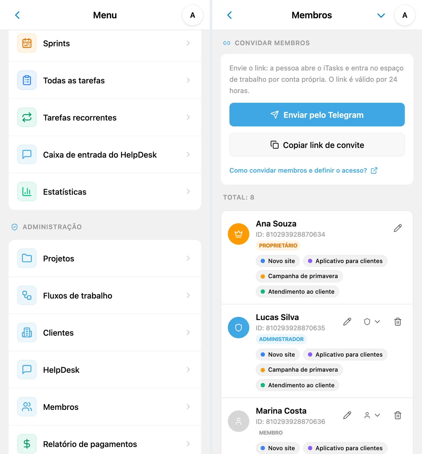 Abertura de Membros pelo menu de administração e convite da equipe no iTasks