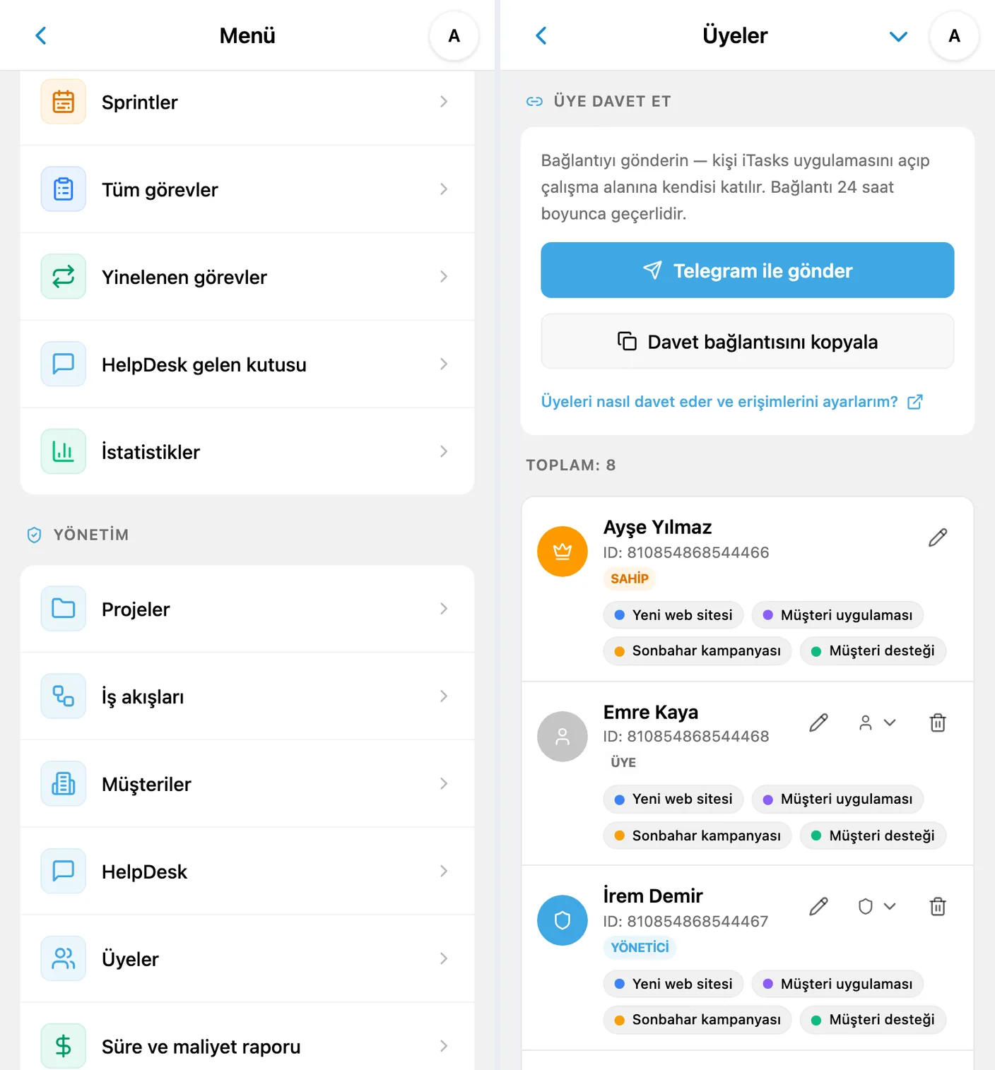 iTasks yönetim menüsünden Üyeler ekranını açma ve ekibi davet etme
