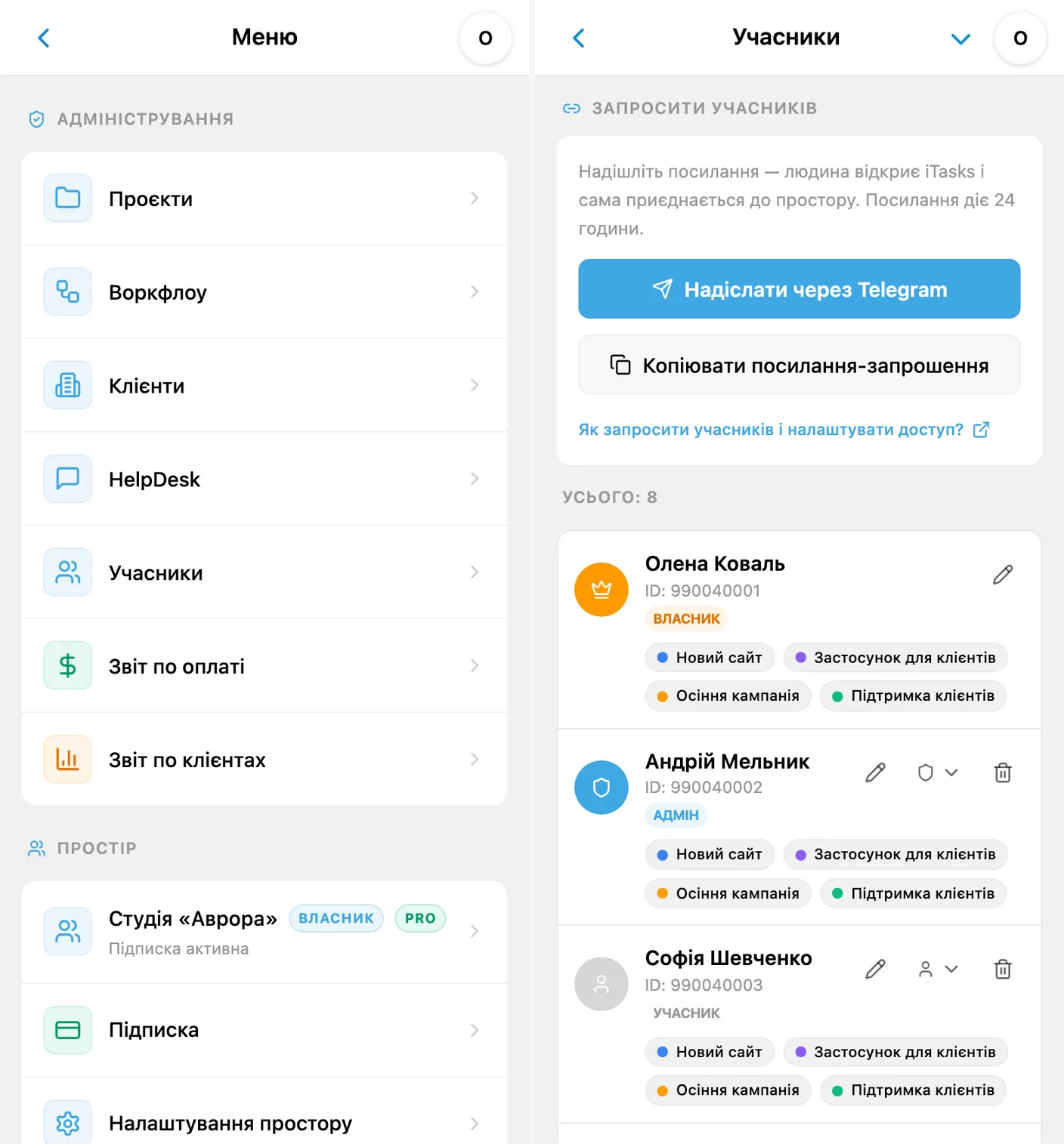 Перехід із меню адміністратора до учасників і запрошення команди в iTasks