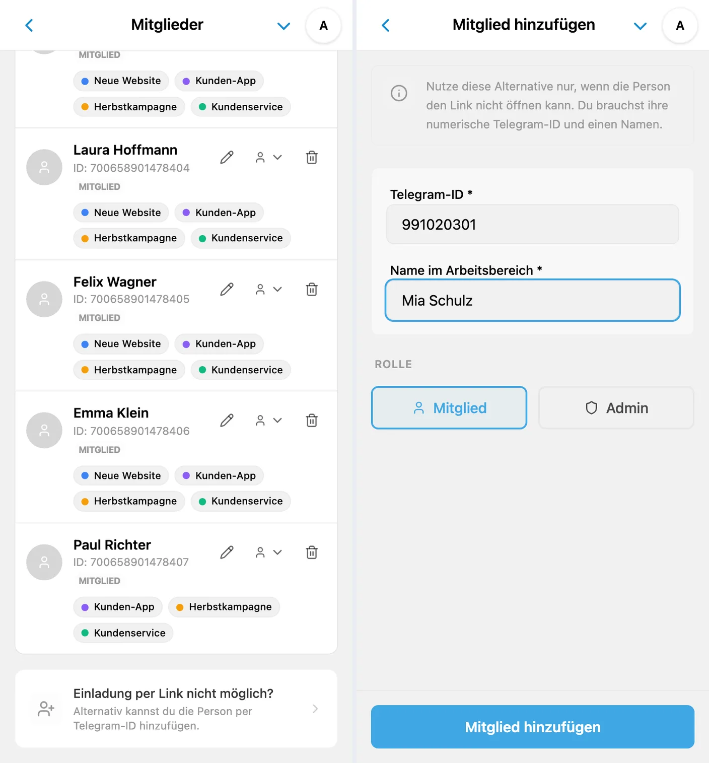 Ein Mitglied per Telegram-ID zum iTasks-Arbeitsbereich hinzufügen
