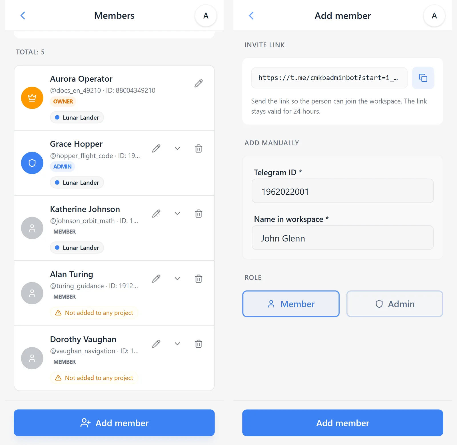 Manually adding a workspace member in iTasks by Telegram ID