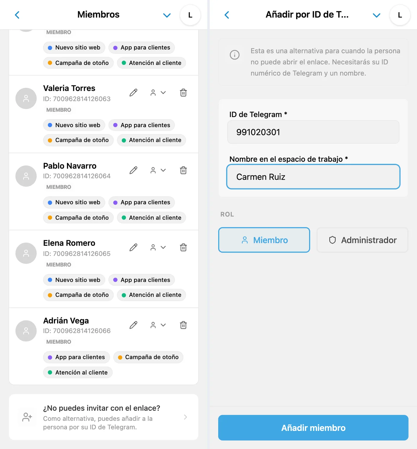 Incorporación de un miembro a un espacio de iTasks mediante su ID de Telegram