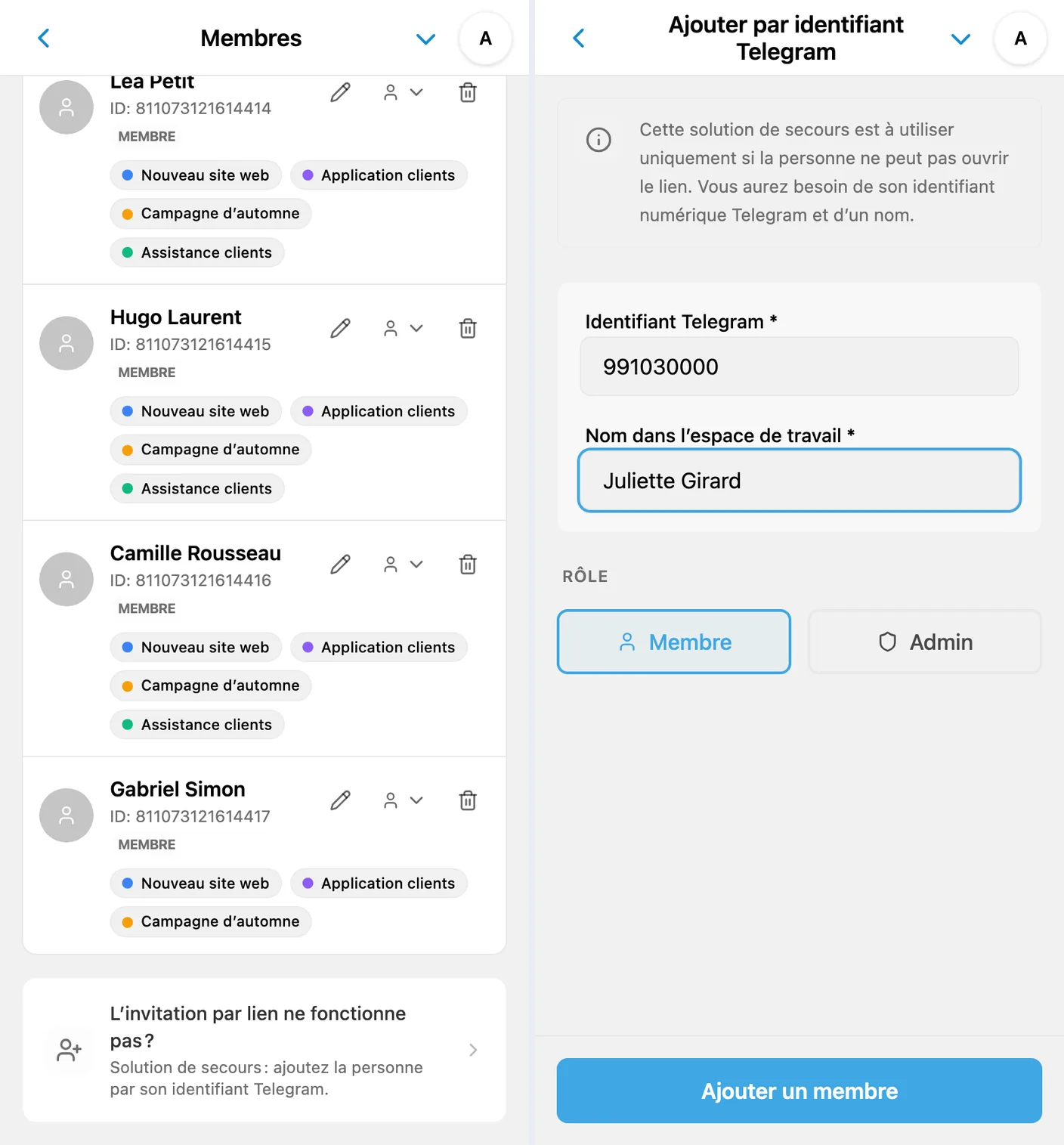 Ajout d’un membre d’espace iTasks par identifiant Telegram