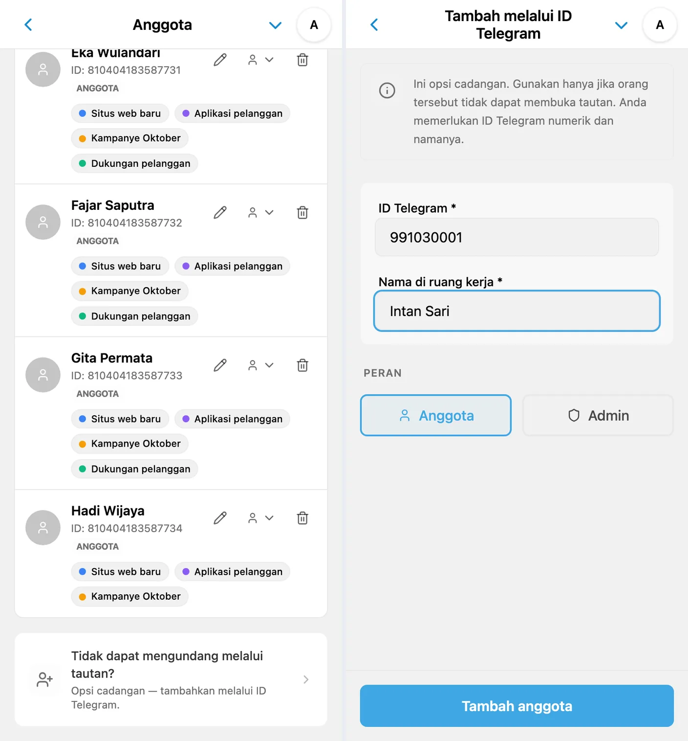 Menambahkan anggota ruang kerja iTasks dengan ID Telegram