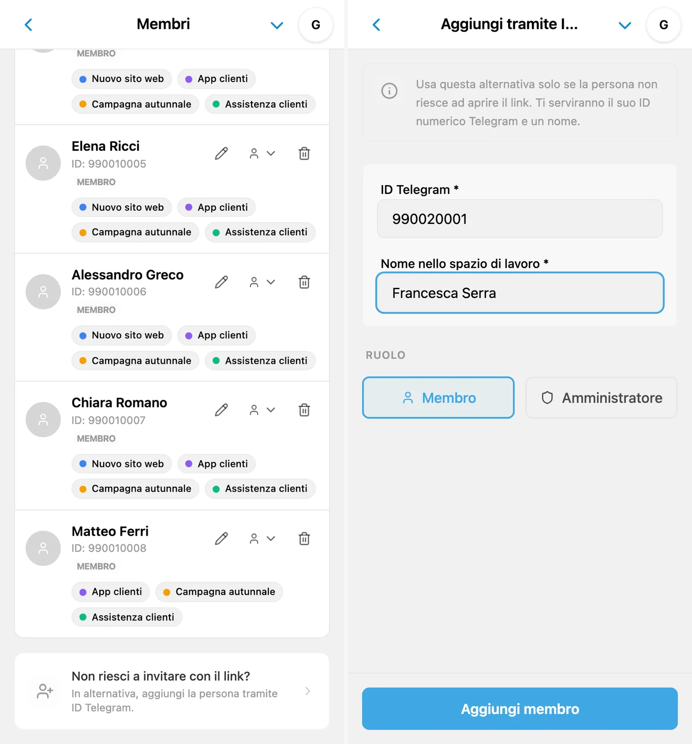 Aggiunta manuale di un membro allo spazio di lavoro di iTasks tramite ID Telegram