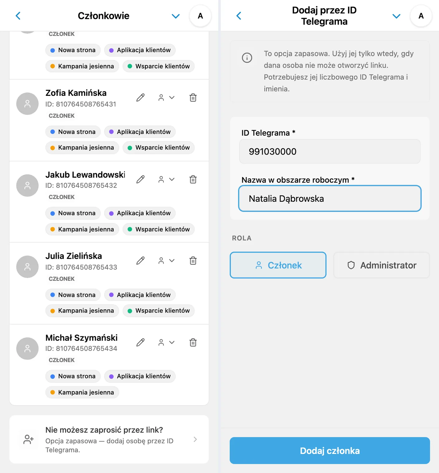 Dodawanie członka obszaru iTasks przez identyfikator Telegram