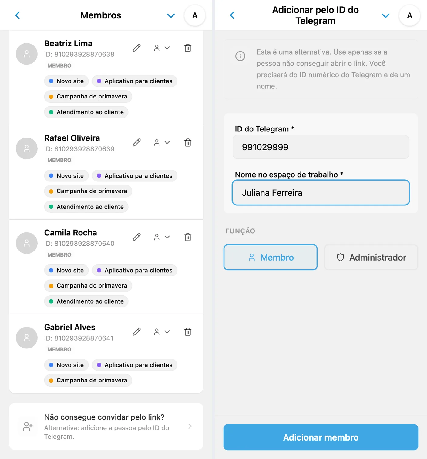Adição de um membro ao espaço do iTasks pelo ID do Telegram