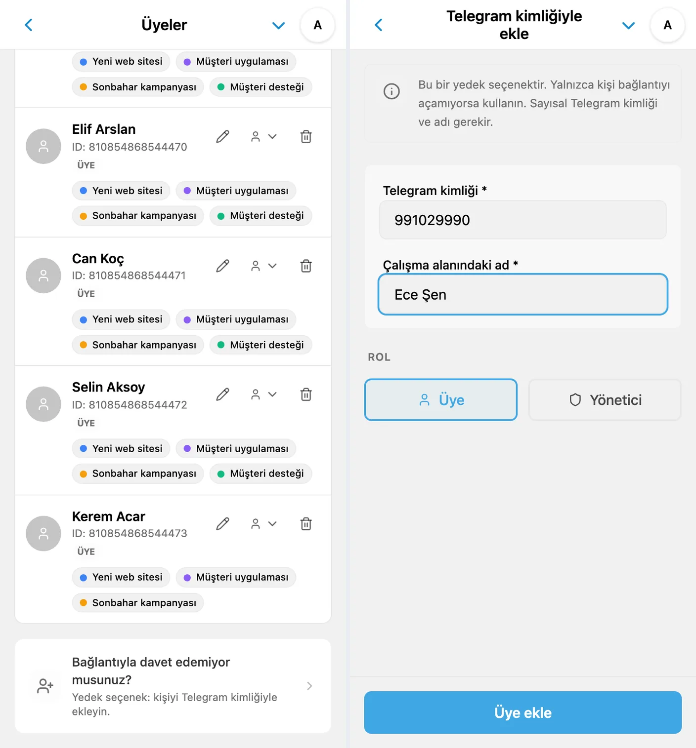 iTasks çalışma alanına Telegram kimliğiyle üye ekleme