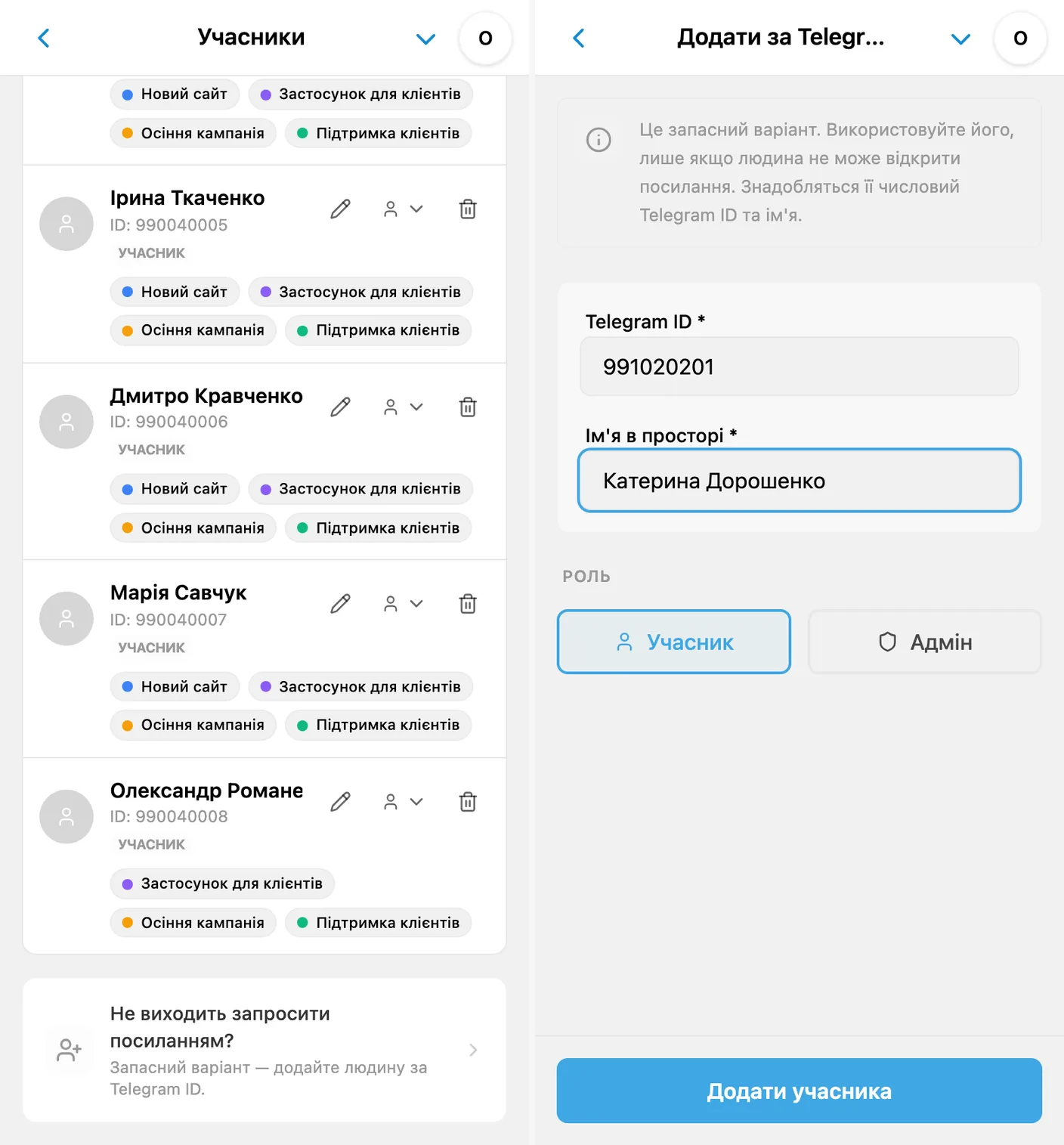 Додавання учасника робочого простору iTasks за Telegram ID