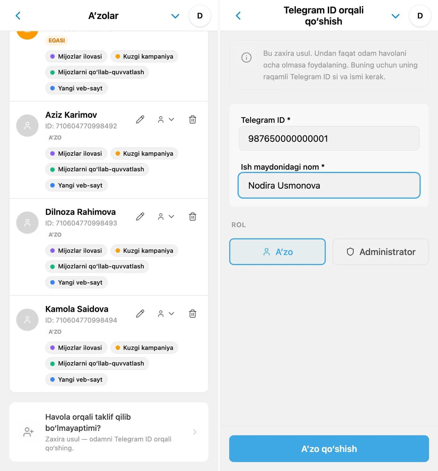iTasks ish maydoniga a’zoni Telegram ID orqali qo‘shish