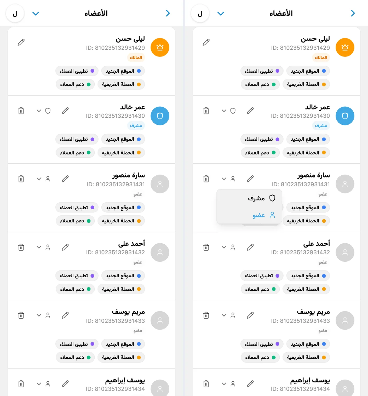مالك مساحة العمل والمشرف والأعضاء في iTasks مع قائمة الأدوار مفتوحة