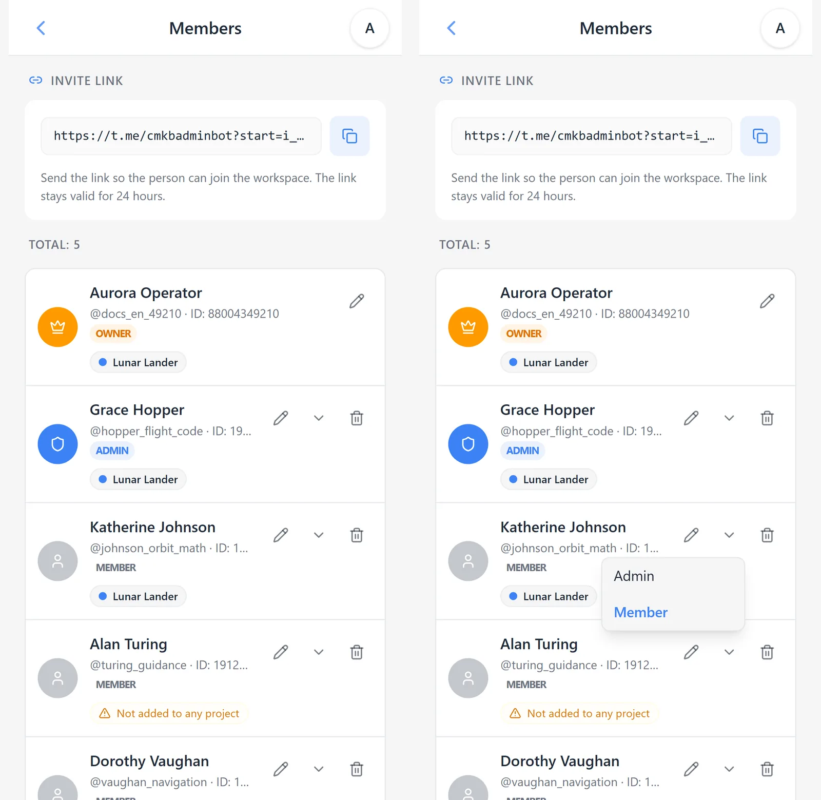 Workspace member list and role switcher in iTasks