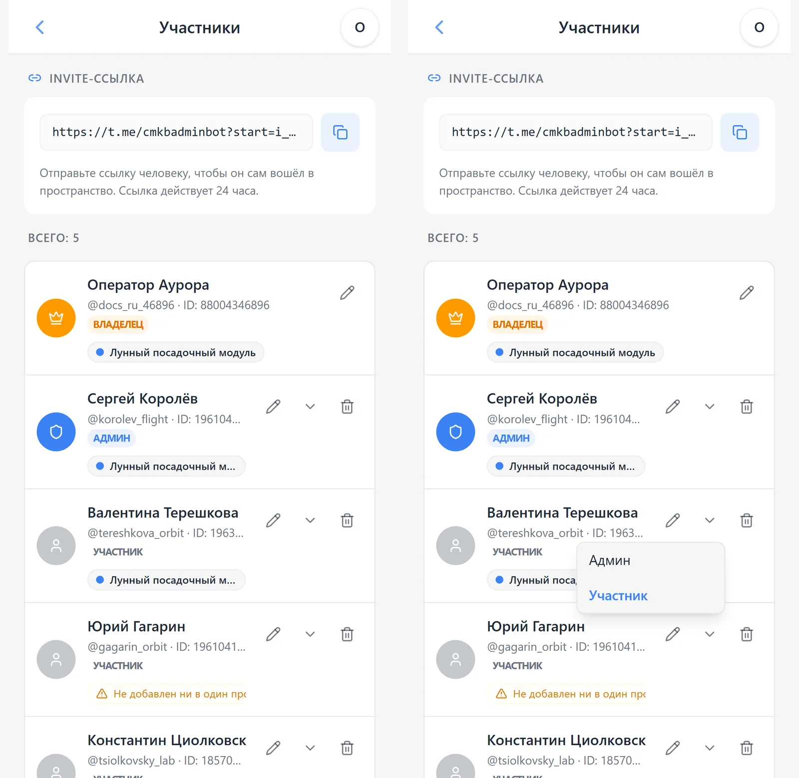 Список участников пространства iTasks и меню смены роли участника