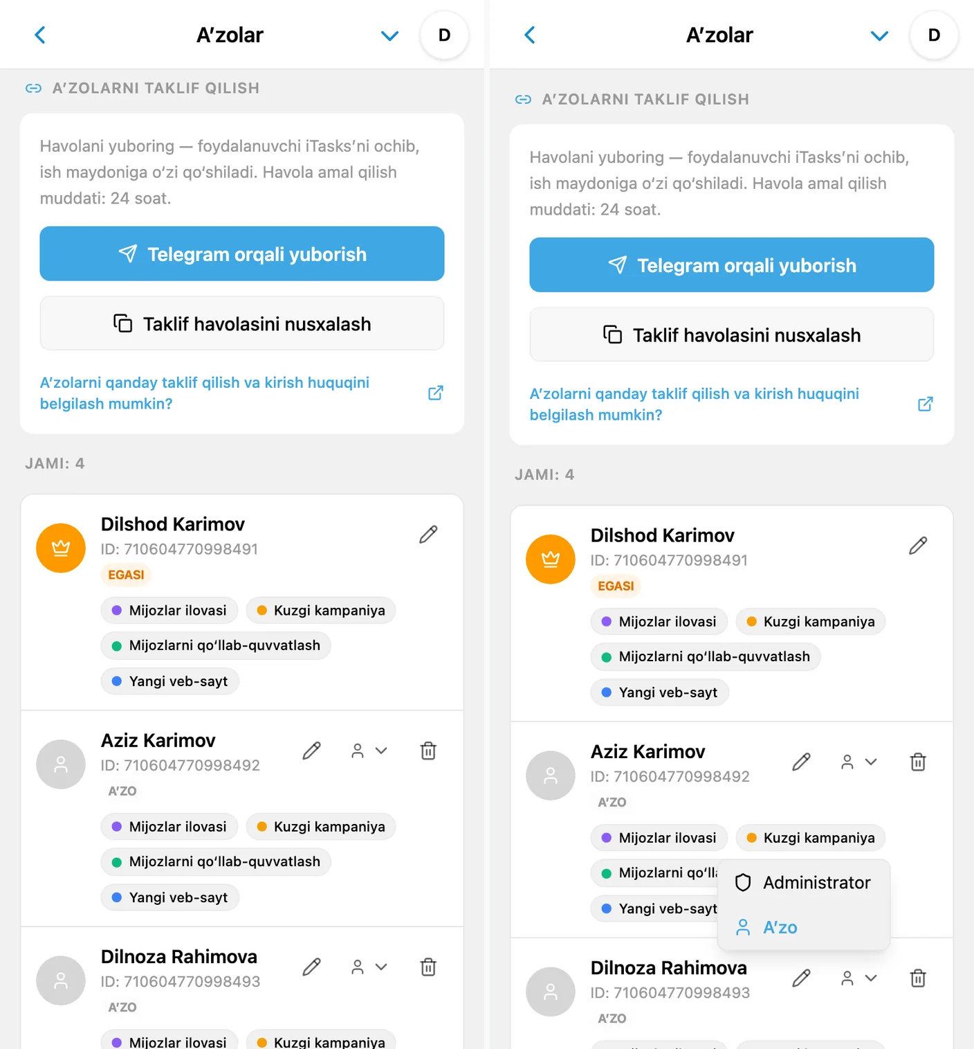 iTasks ish maydonidagi egasi, administratori va a’zolari, rol menyusi ochilgan